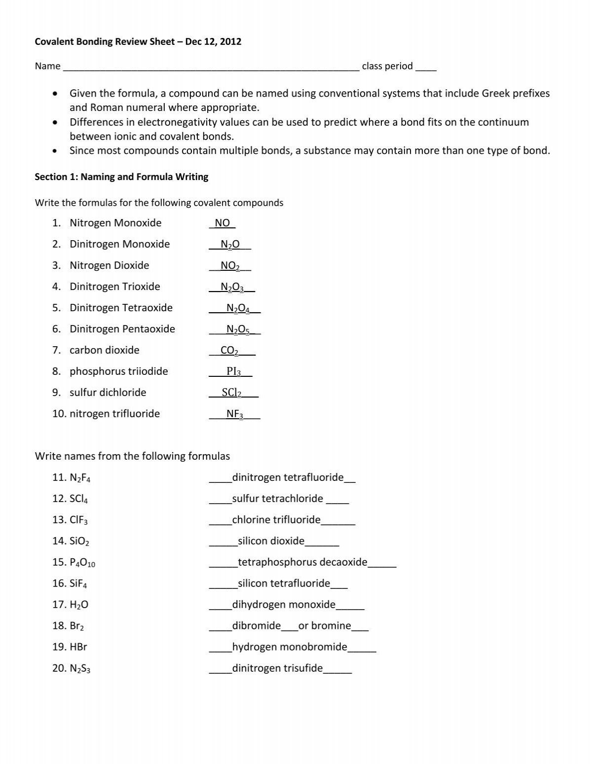 Covalent Bonding Review Sheet 2012 ANSWER KEY pdf Covalent Bonding Review Sheet 2012 ANSWER KEY pdf