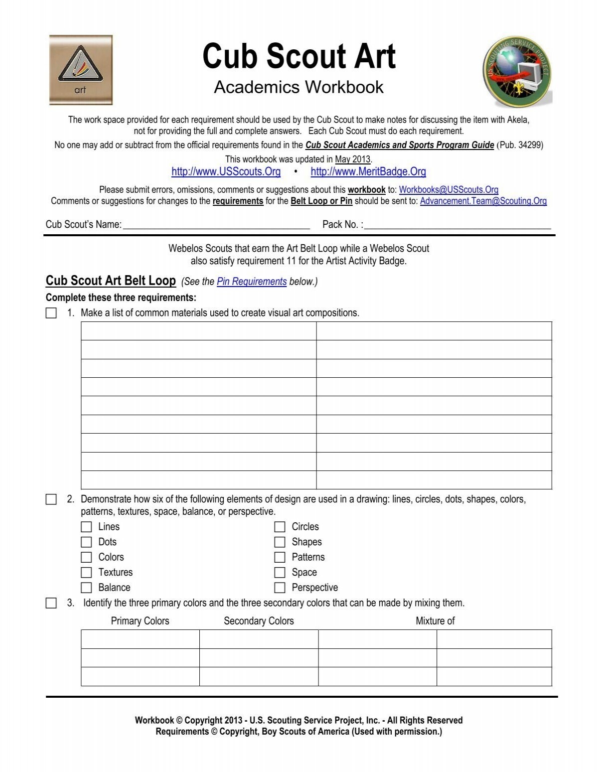 Cub Scout Art Worksheet Merit Badge Research Center