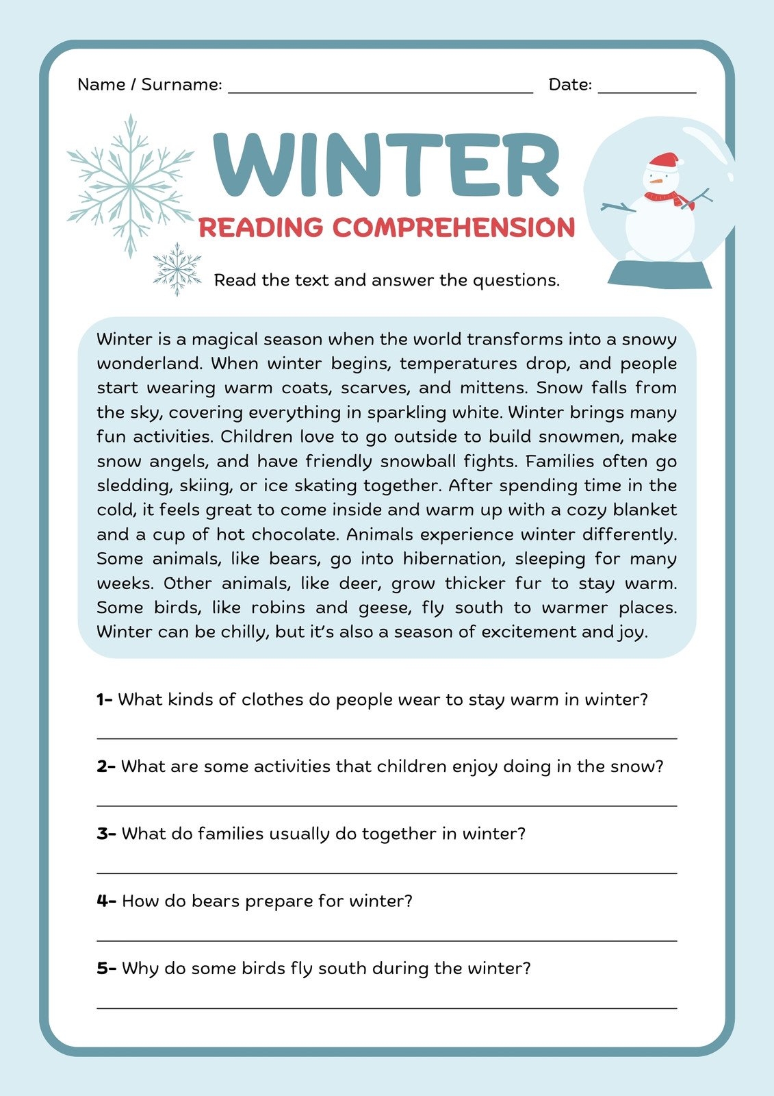 reading worksheet