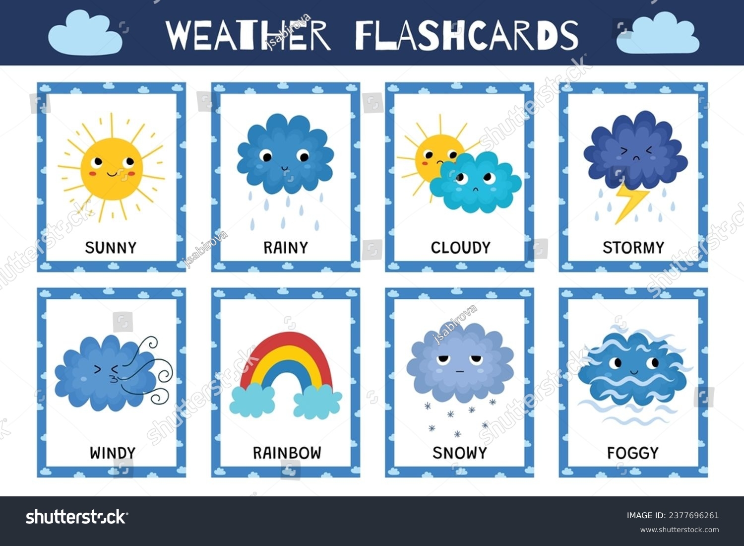 Cute Wetter Taschenkarten Sammlung Blitzkarten Mit Stock Vektorgrafik Lizenzfrei 2377696261 Shutterstock