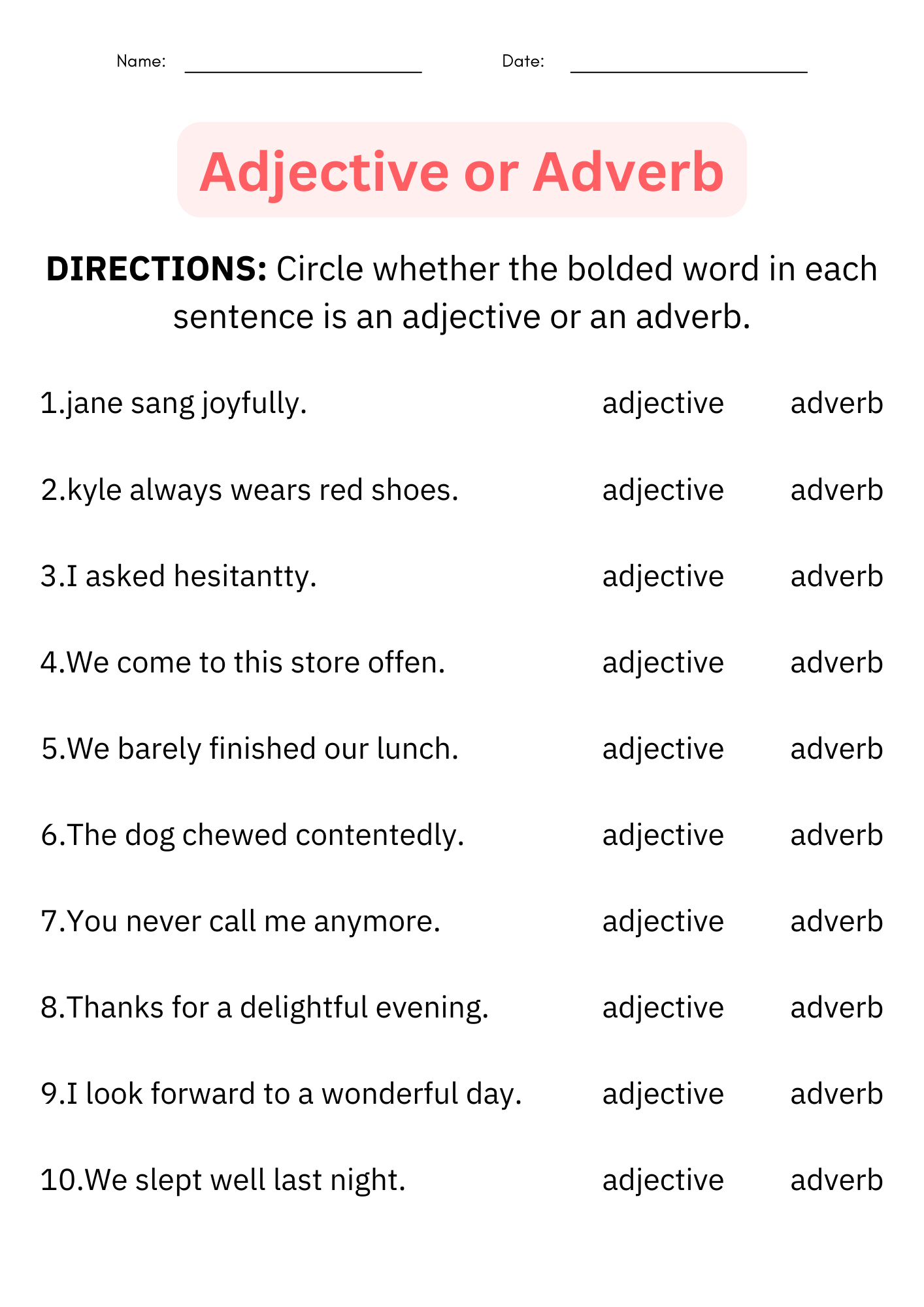 Daily Grammar Activities Adjectives Adverbs Worksheets 3rd 4th 5th Grade Teaching Resources