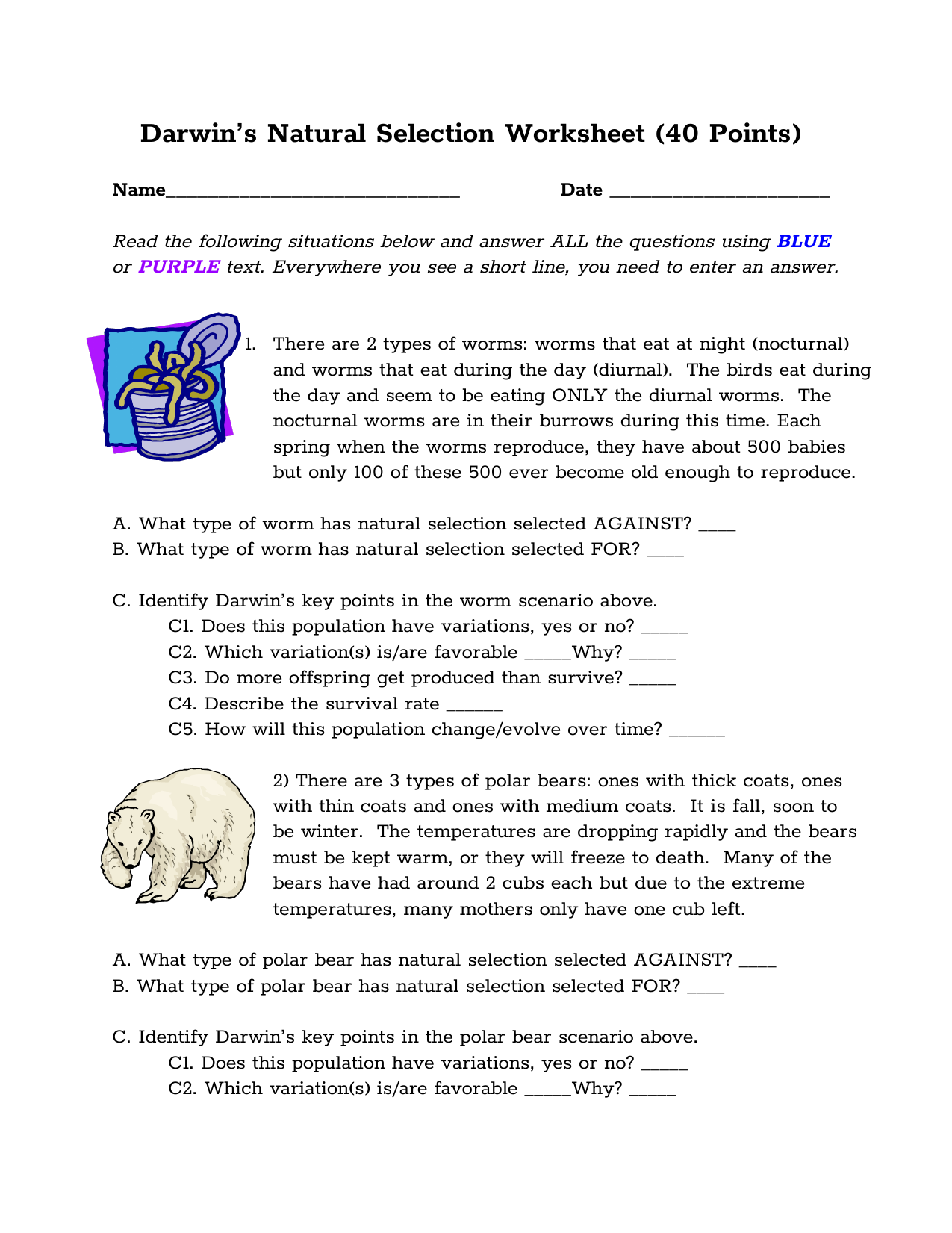 Darwin s Natural Selection Worksheet