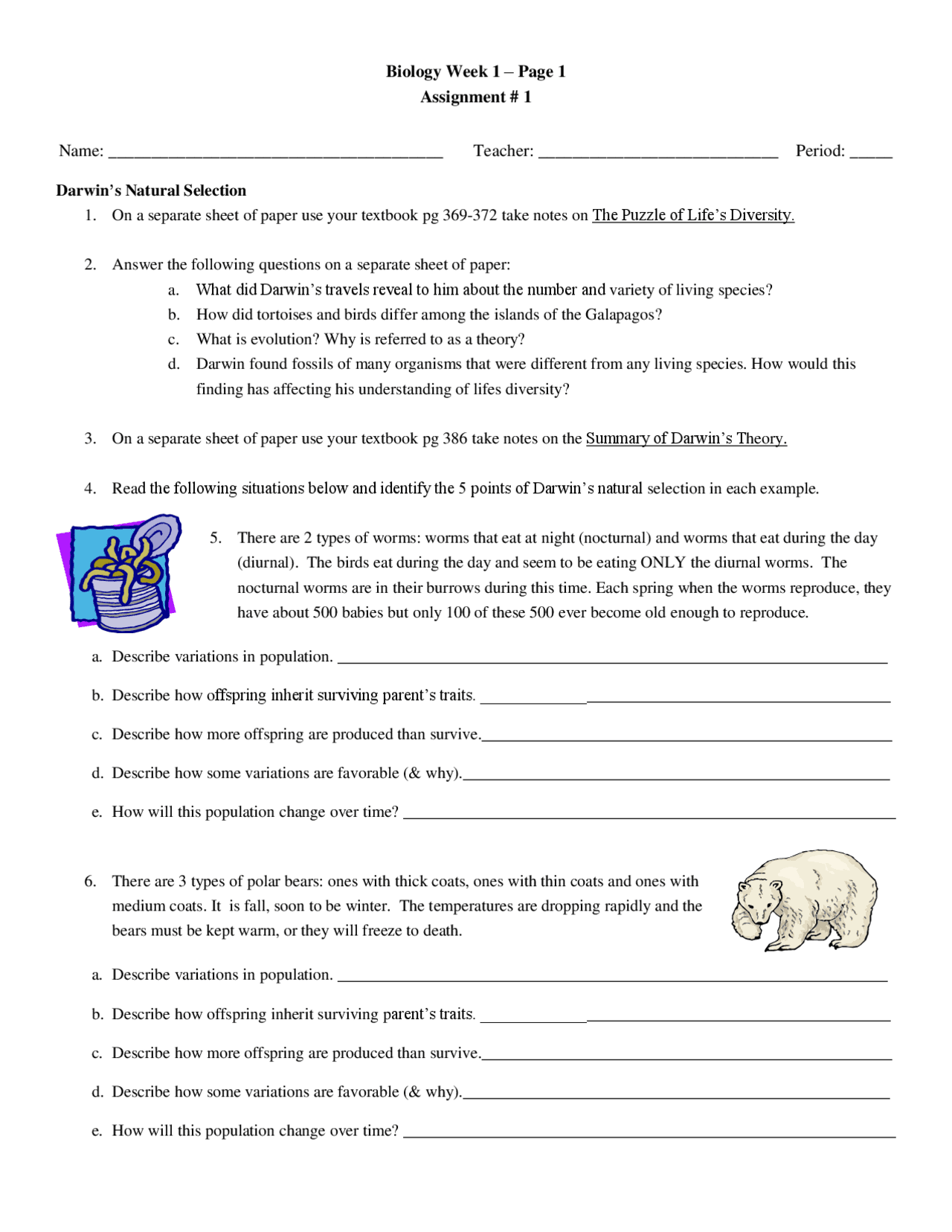 Darwin s Theory Of Natural Selection Exercises And Questions Exercises Biology Docsity