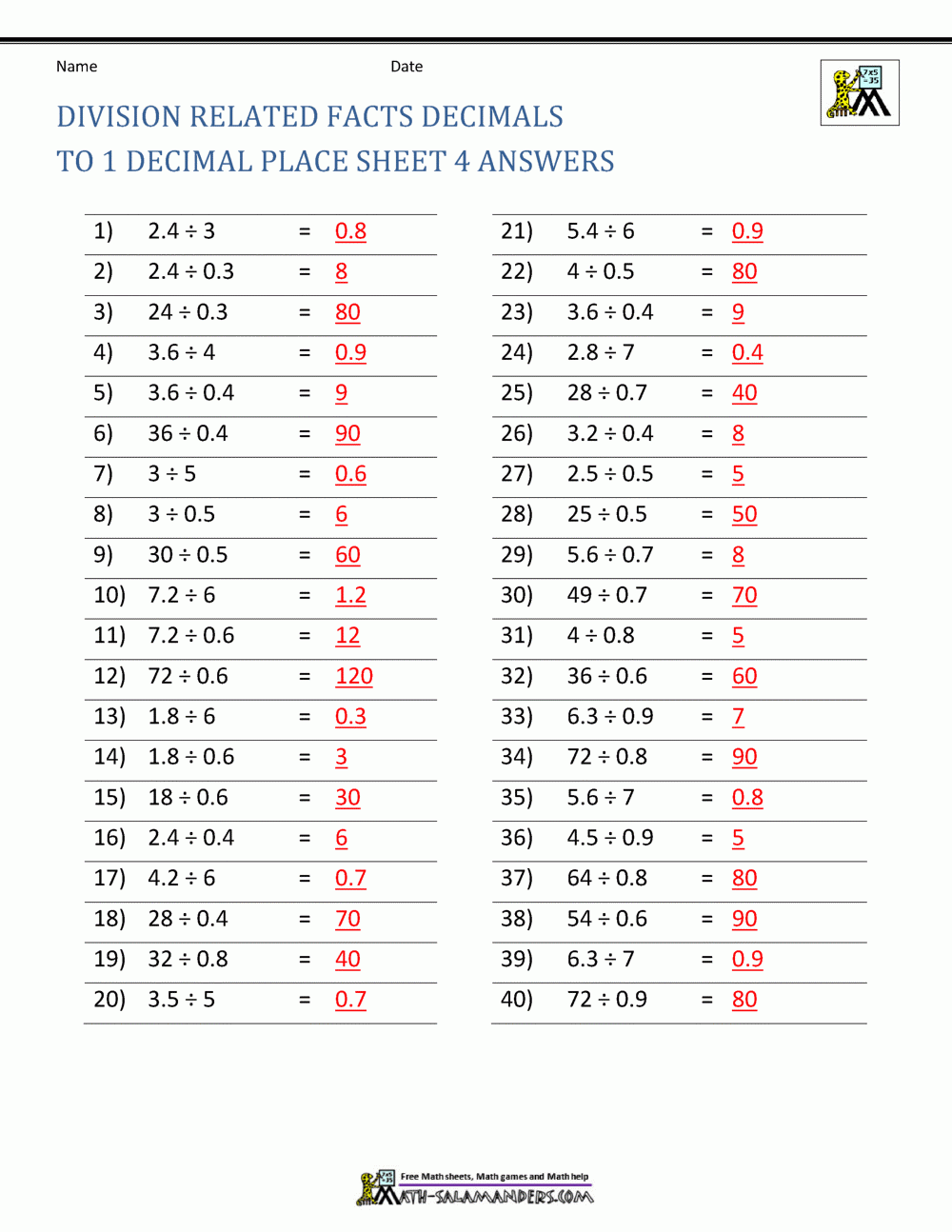 Decimal Division Worksheets