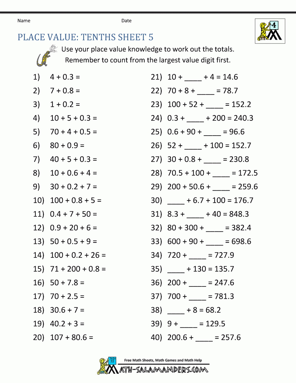 Decimal Place Value Worksheets 4th Grade Decimal Place Value Worksheets 4th Grade