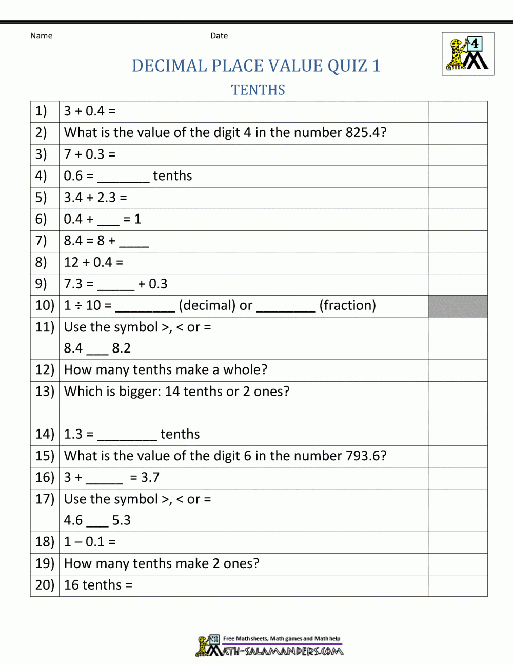 Decimal Place Value Worksheets 4th Grade Worksheets Library