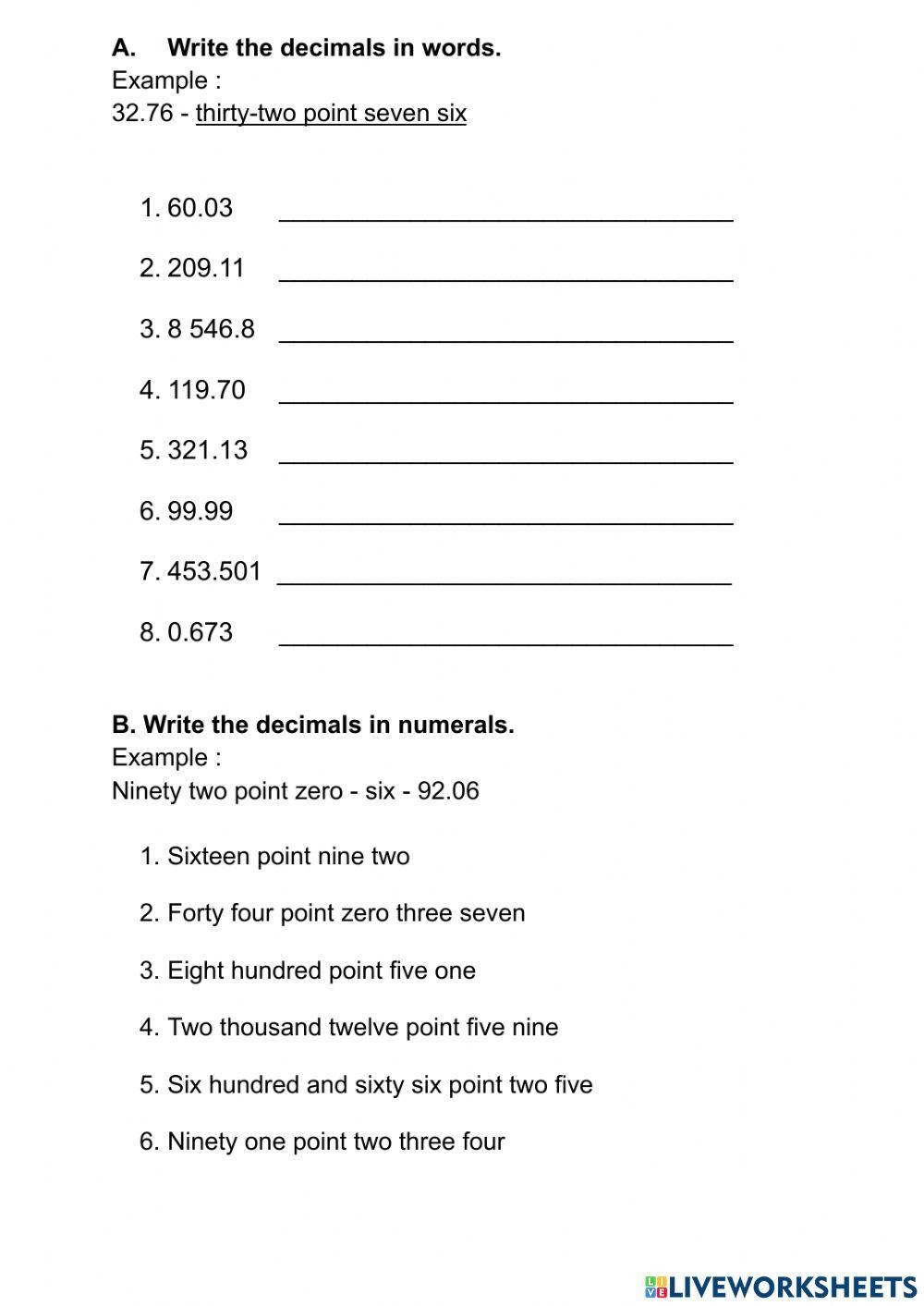 Decimals Year 4 WRITE DECIMALS IN WORDS AND NUMERALS Worksheet Worksheets Library