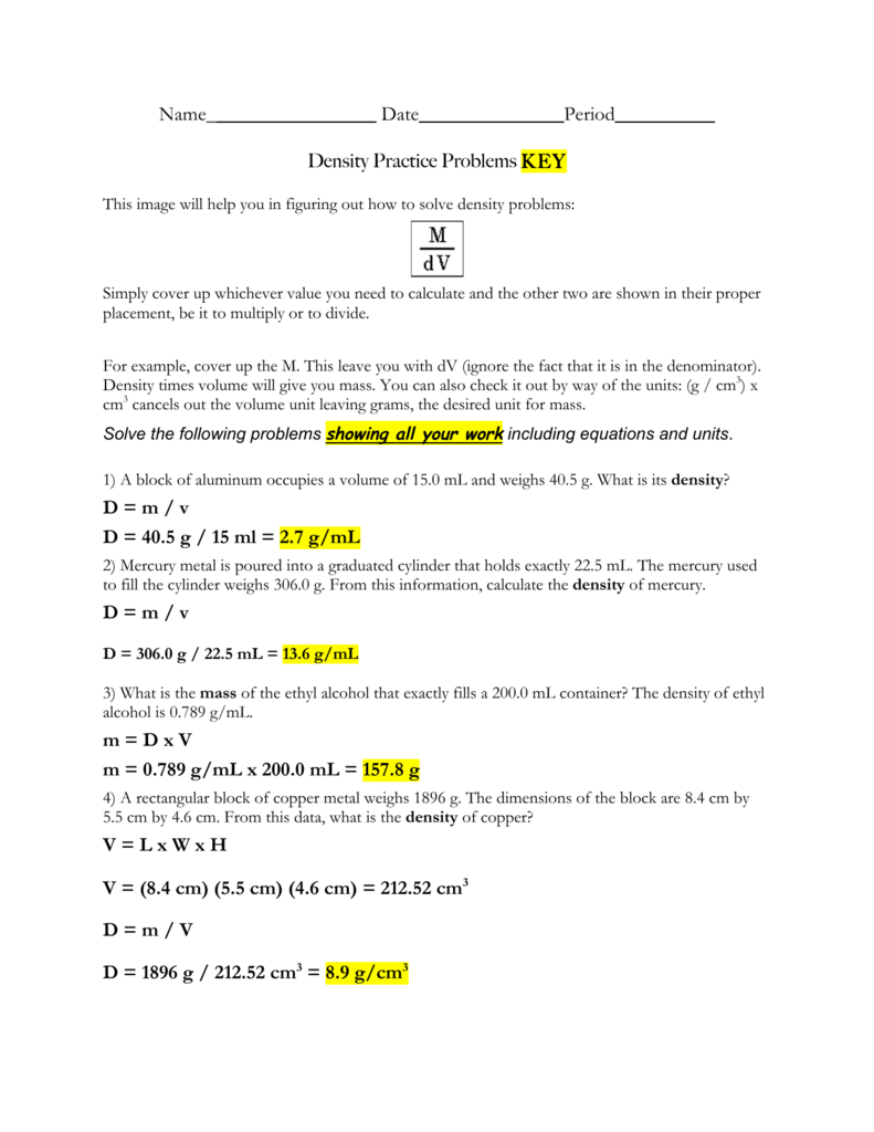 Density Practice Problems Worksheet With Key