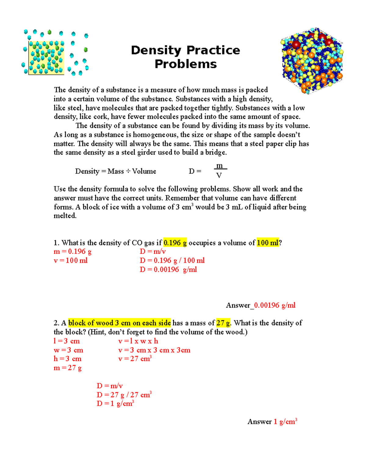 Density Problems Answer Key Density Practice Problems The Density Of A Substance Is A Measure Of Studocu