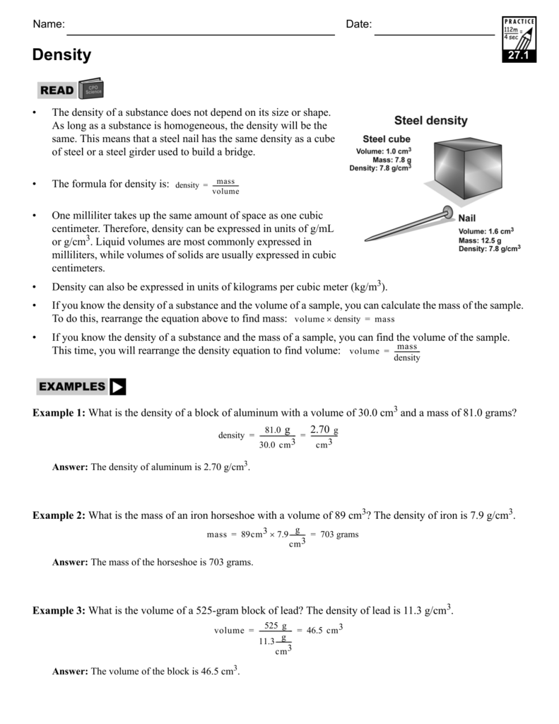 Density Worksheet Calculate Mass Volume Density