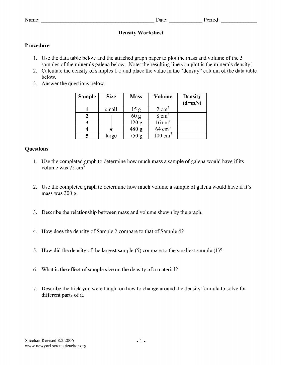 Density Worksheet New York Science Teacher