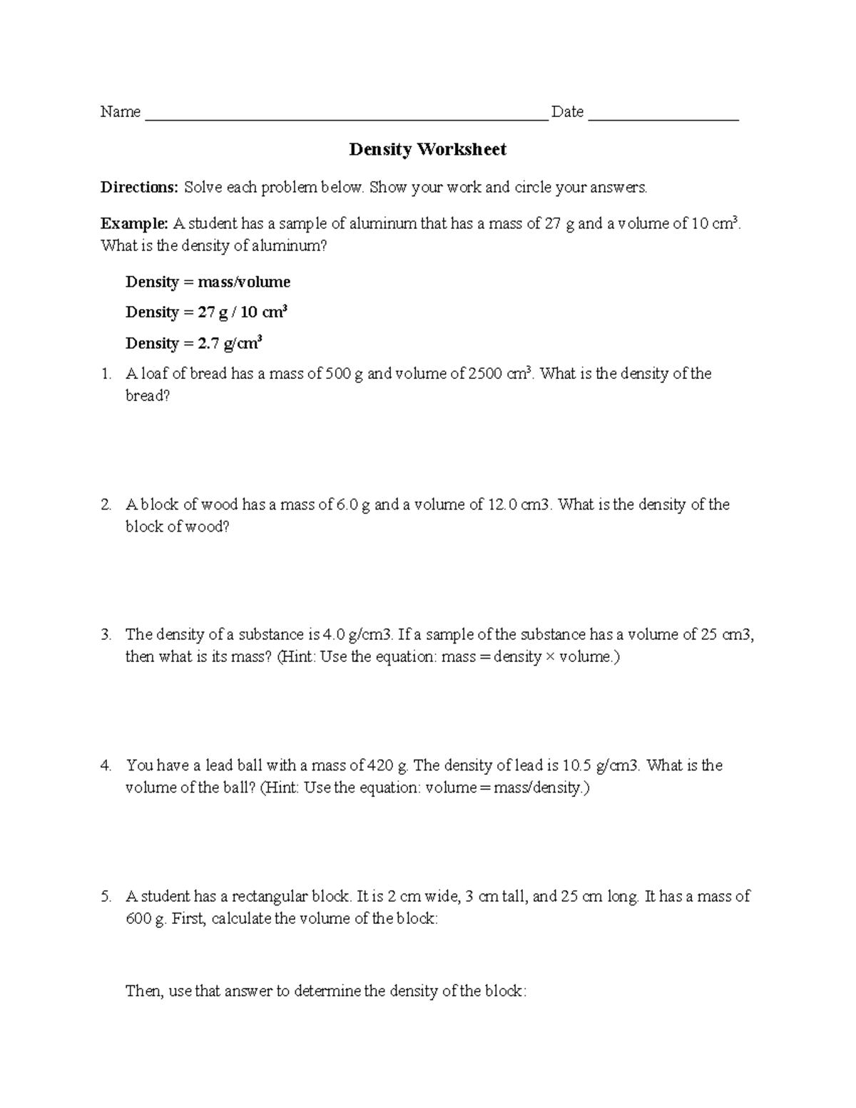 density worksheet answer key