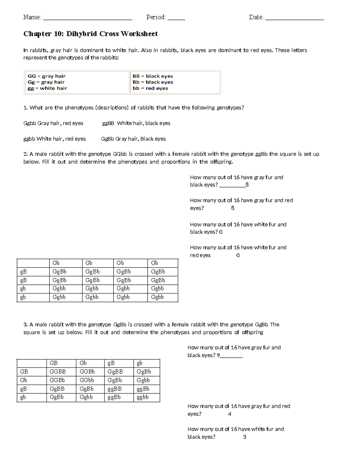 Dihybrid Crosses Worksheet Practice Problems Ch 10 Studocu