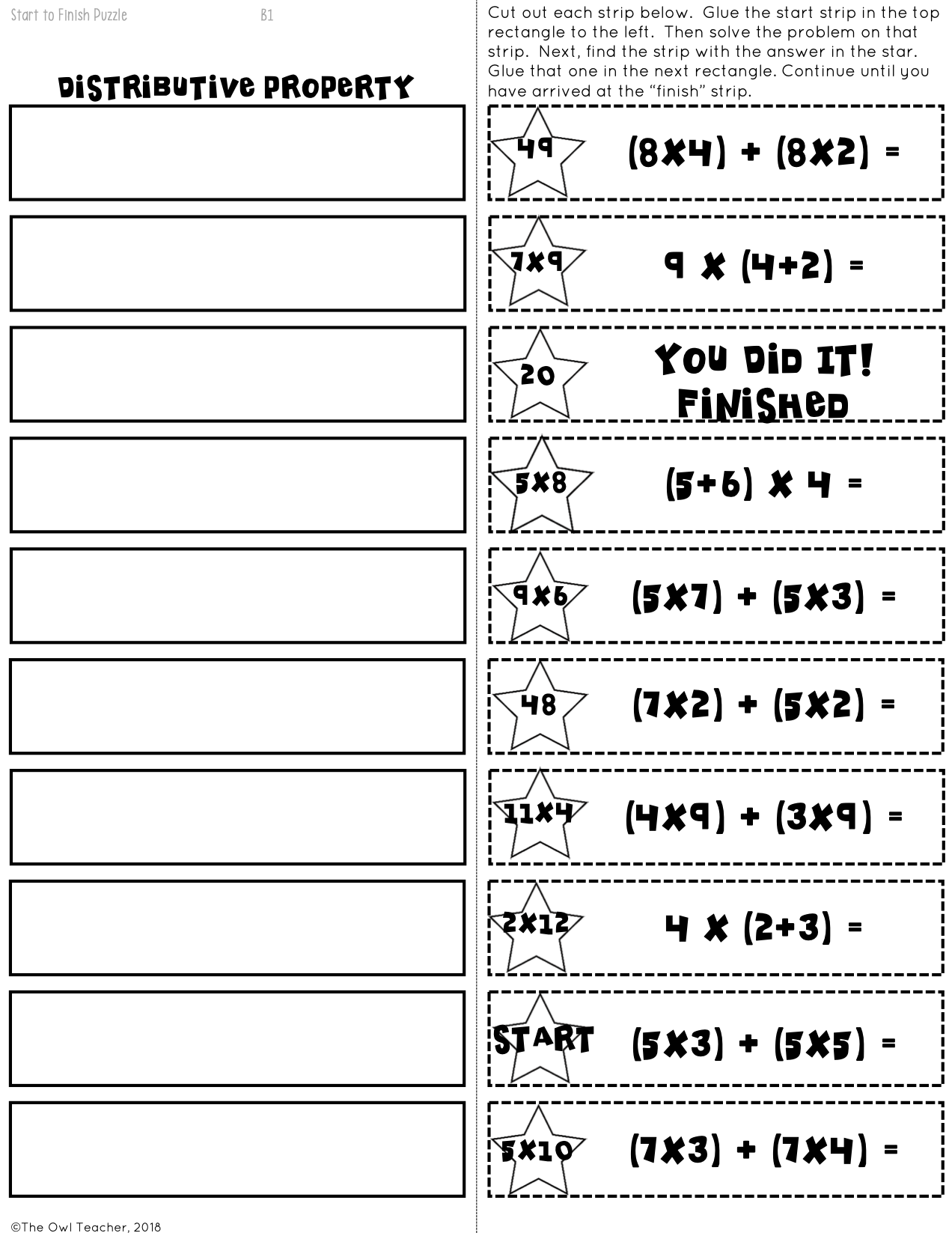 Distributive Property Start2Finish Printable Digital Google Math Puzzles The Owl Teacher