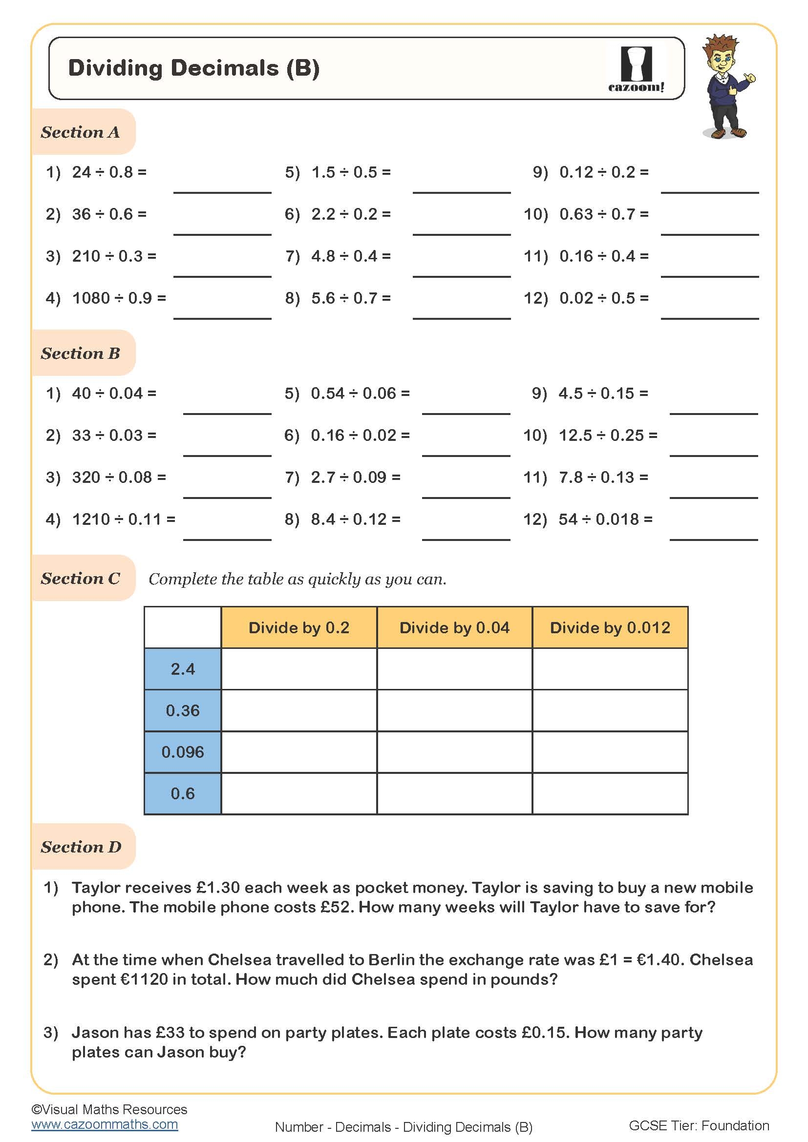 Dividing Decimals PDF Printable Worksheet