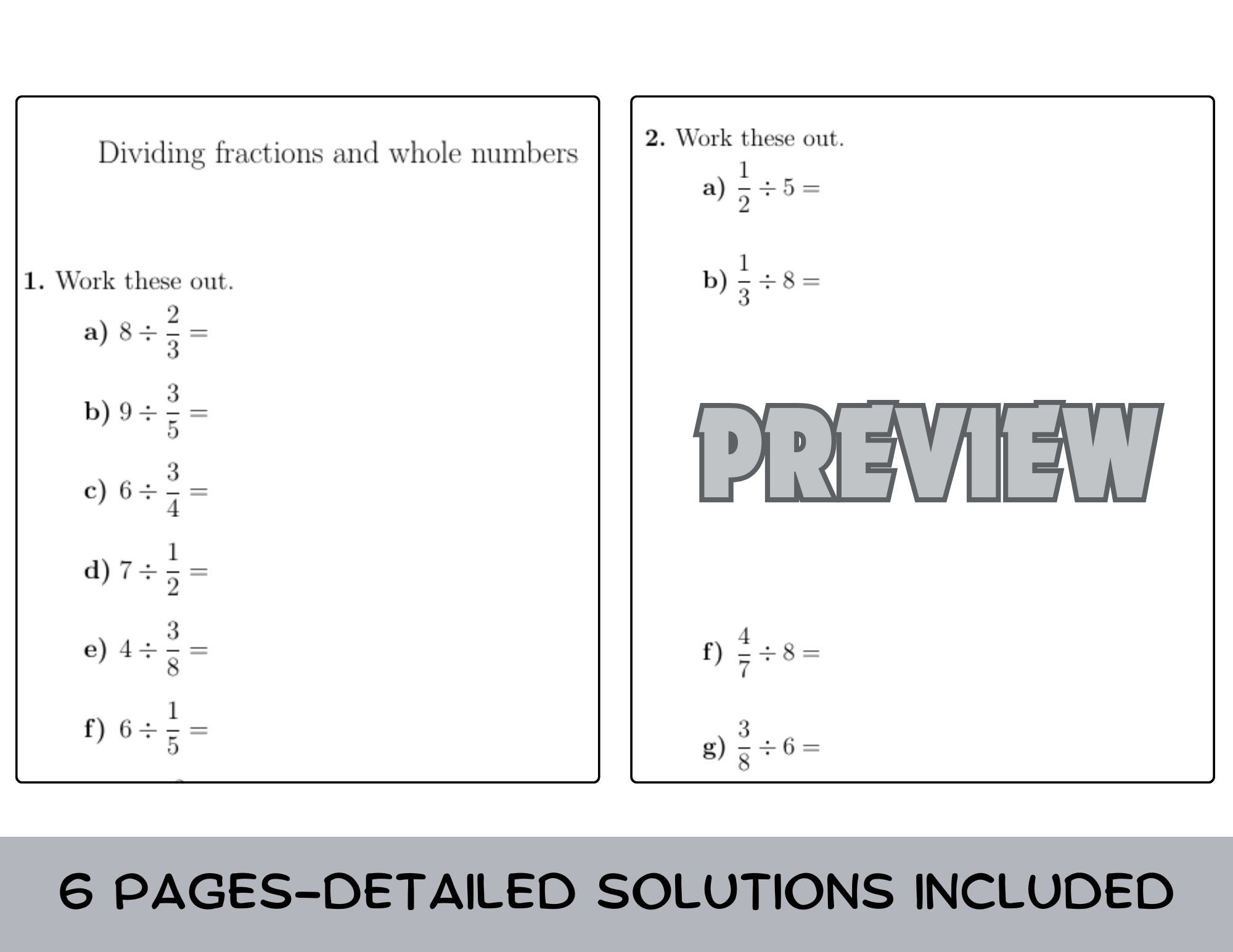 Dividing Fractions And Whole Numbers Worksheet with Solutions Teaching Resources