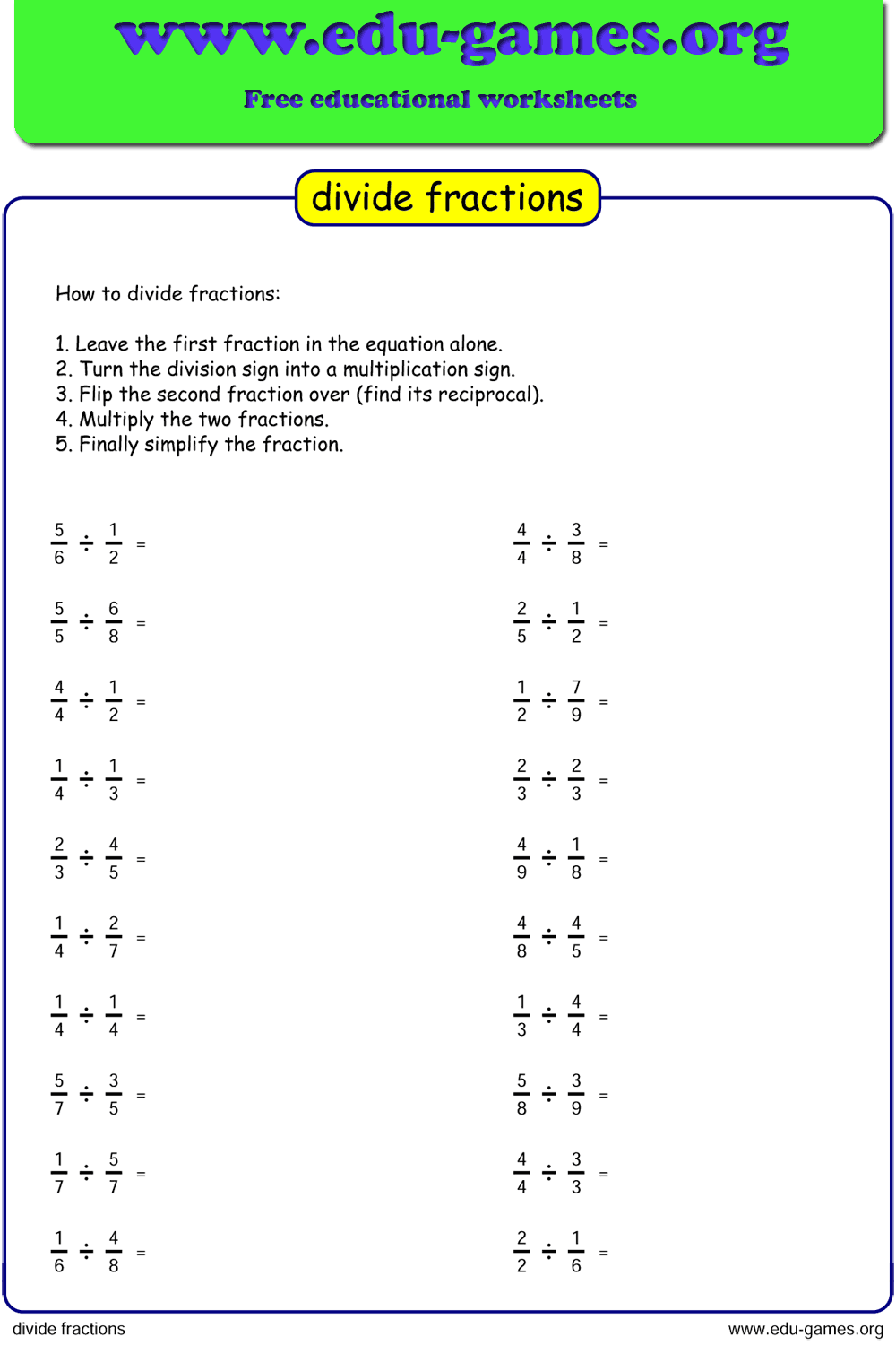 Dividing Fractions Worksheet Math Edu Games