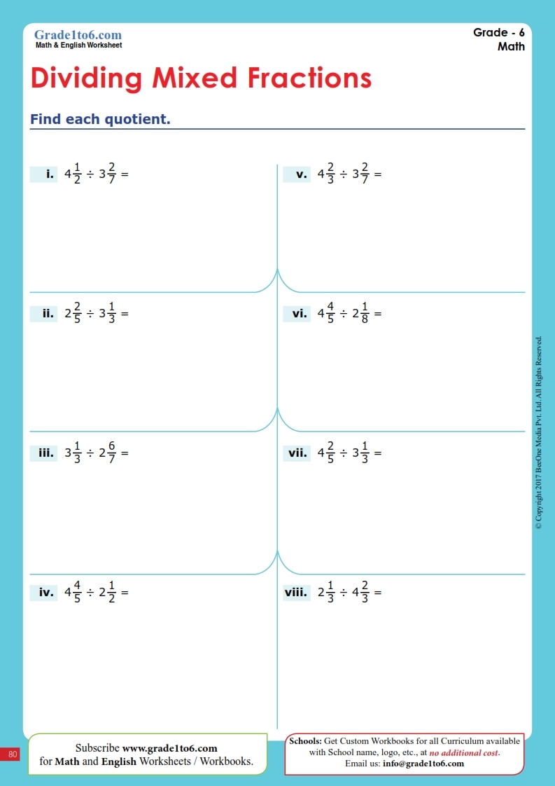 Dividing Mixed Fractions Worksheets Grade1to6
