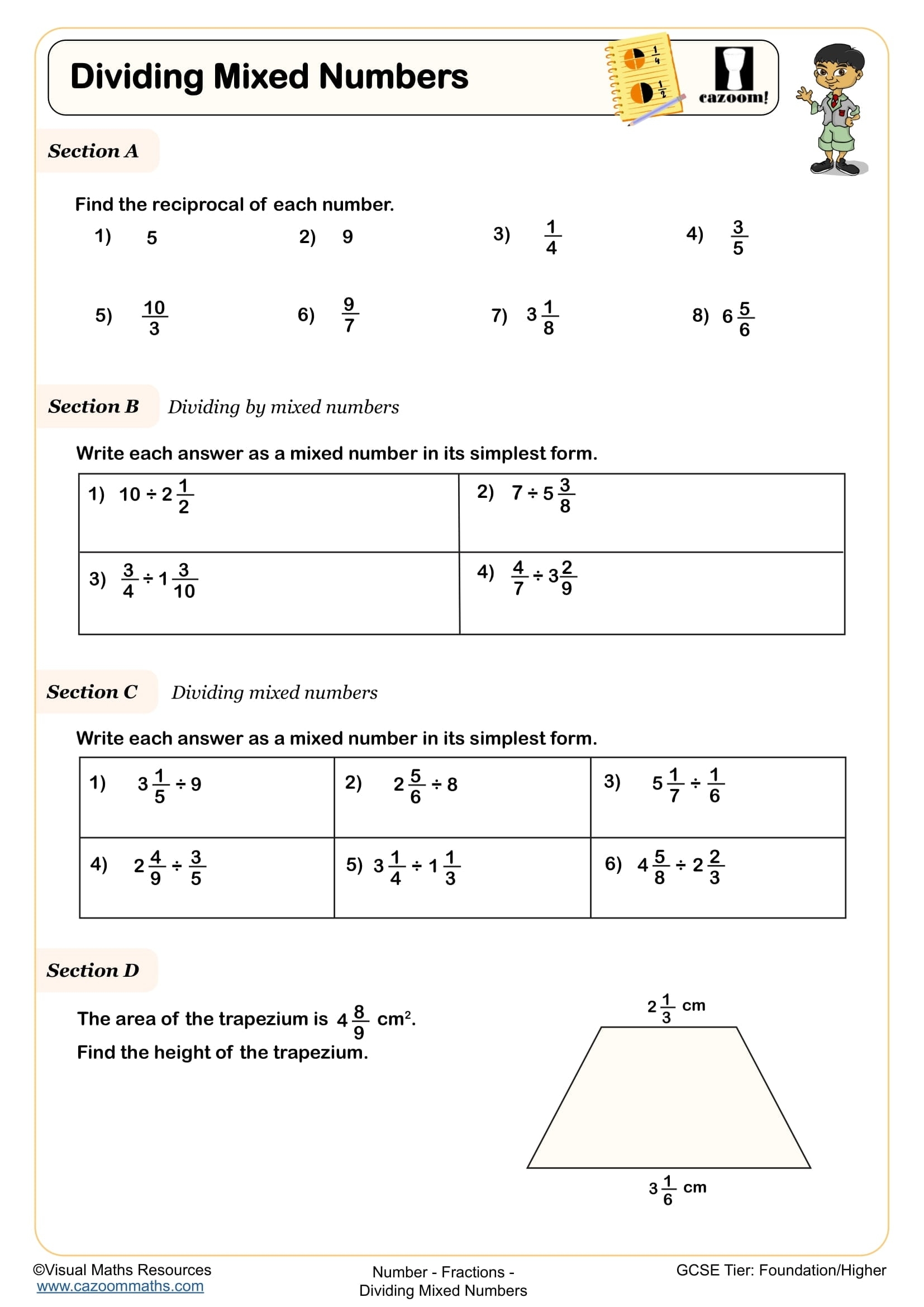 Dividing Mixed Numbers Worksheet Printable PDF Year 8 9 And 10 Number Worksheet