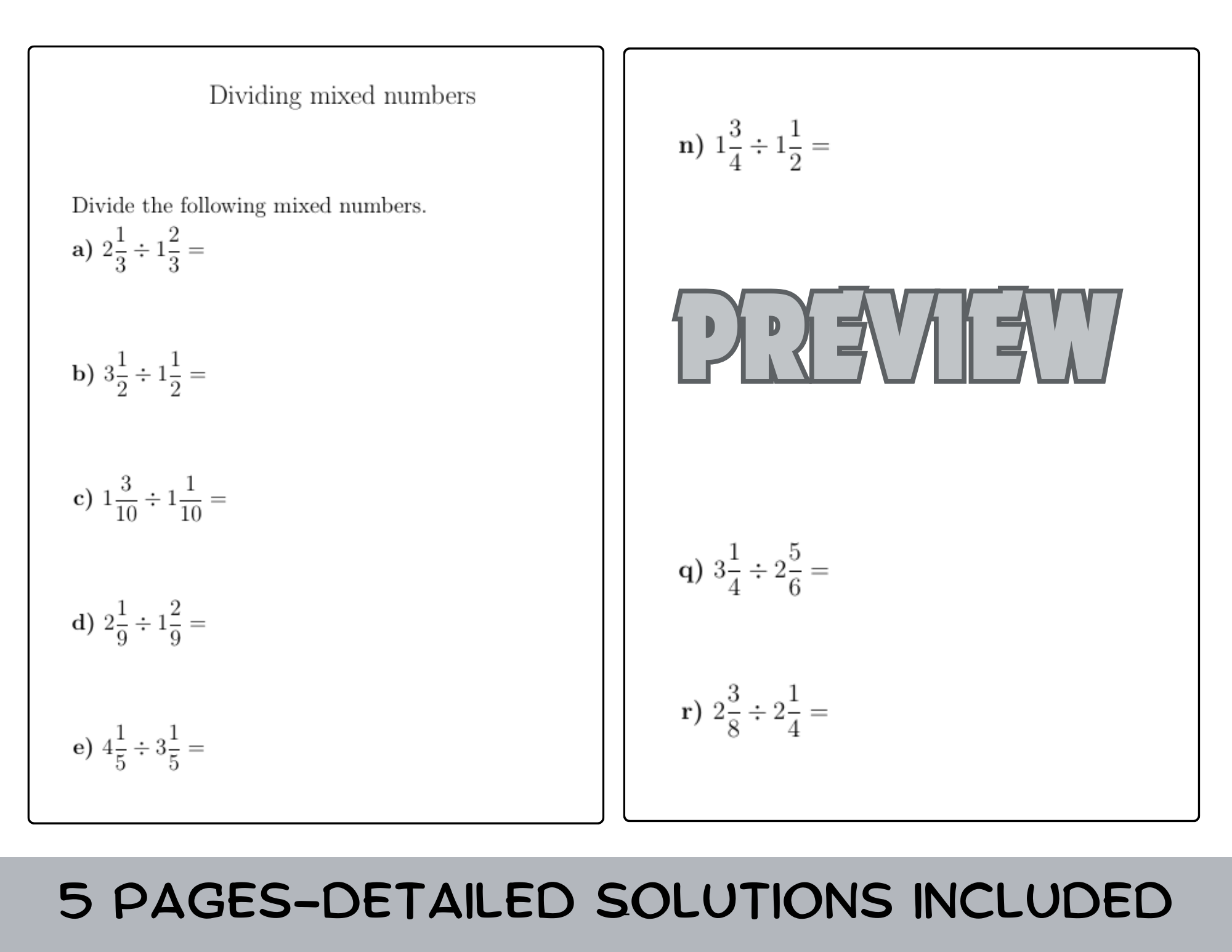 Dividing Mixed Numbers Worksheet with Solutions Teaching Resources