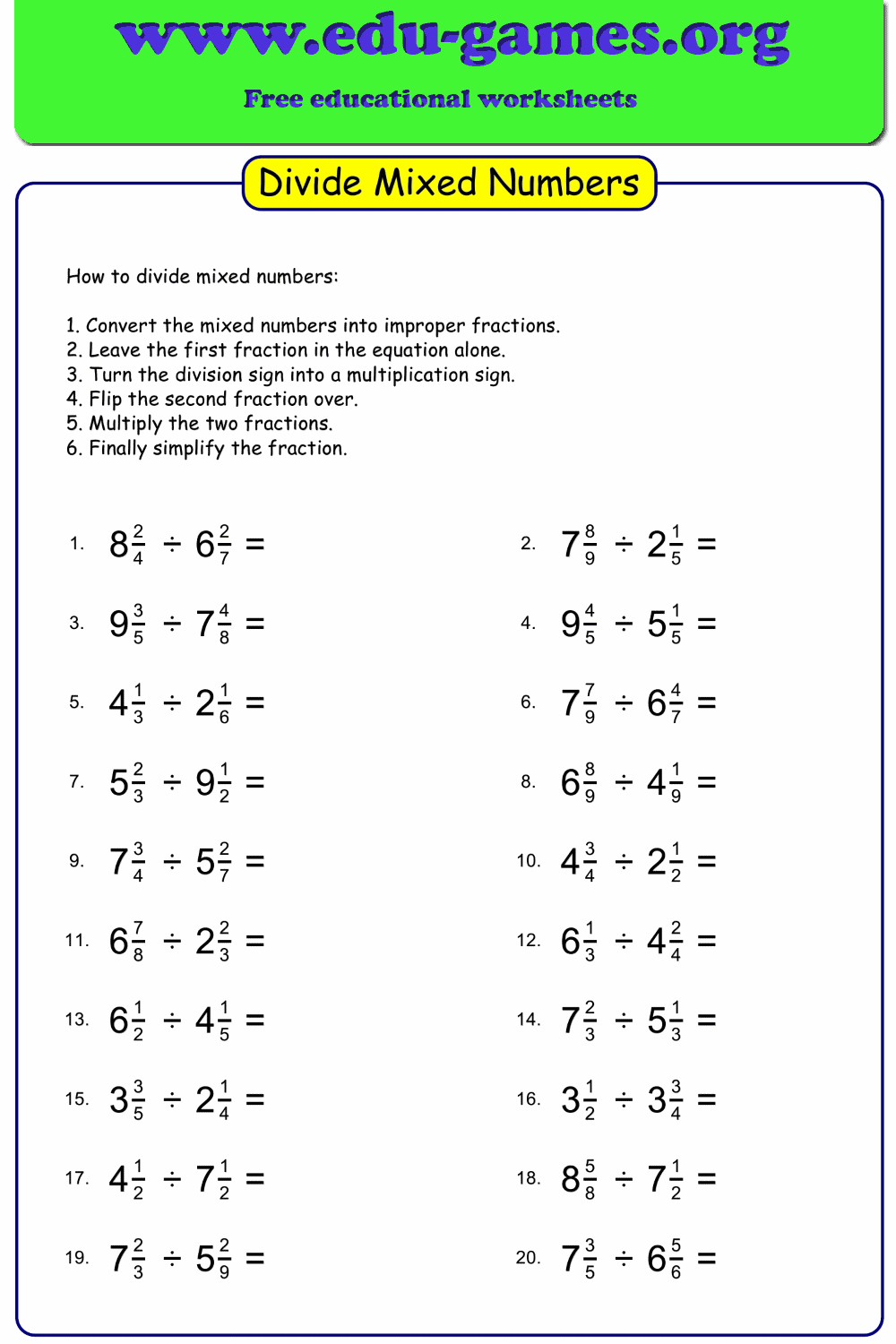 Dividing Mixed Numbers Worksheets Free Printable PDFs Edu Games