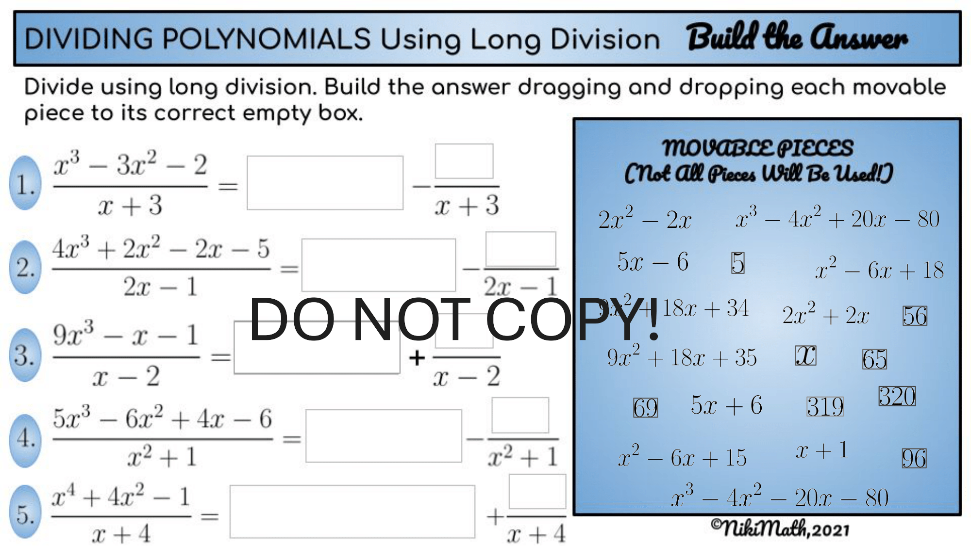 Dividing Polynomials Using Long Division Build The Answer Drag Drop Activity Teacher Professional Development