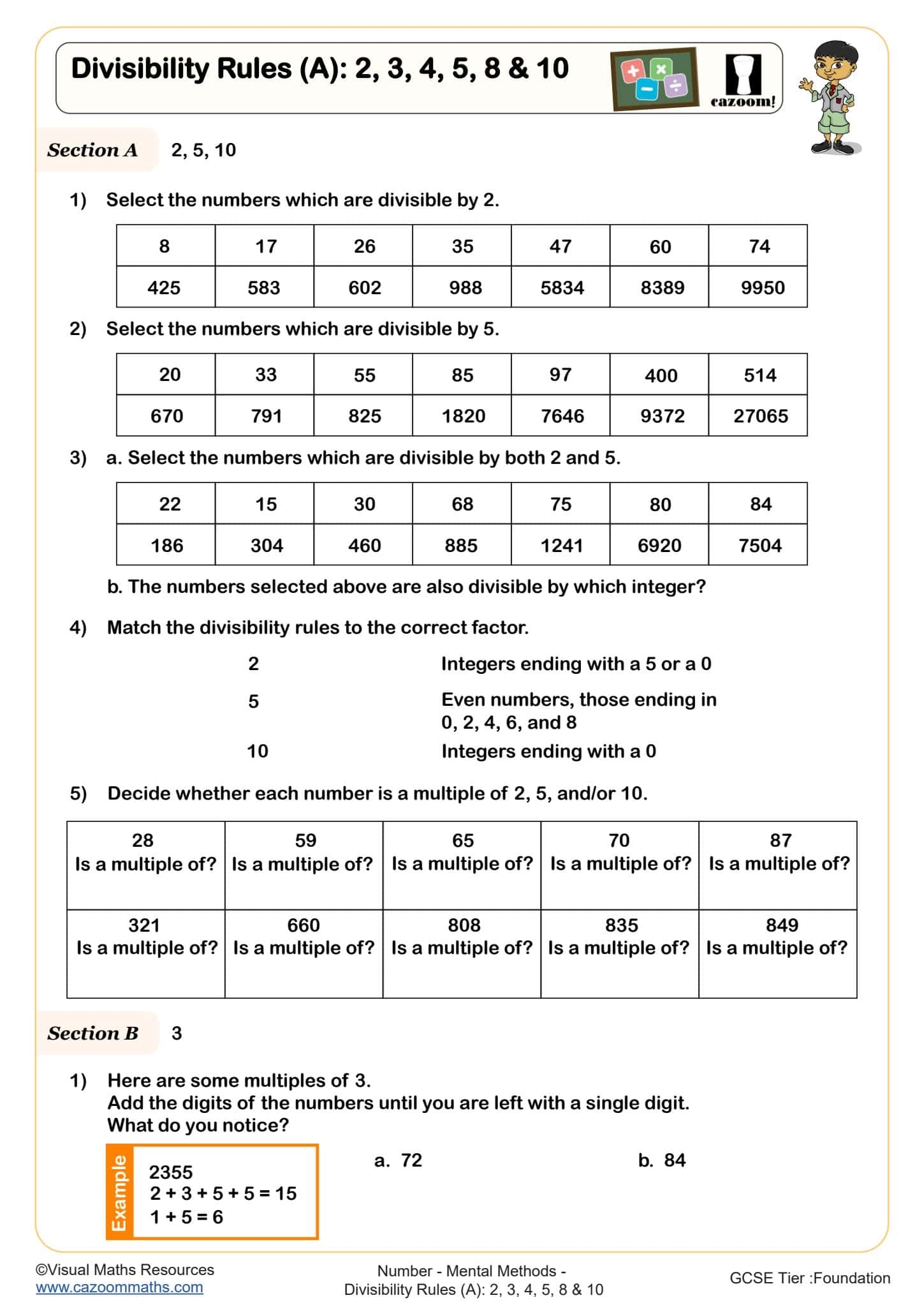 Divisibility Rules A 2 3 4 5 8 10 Worksheet Fun And Engaging Year 7 And Year 8 Number Worksheets