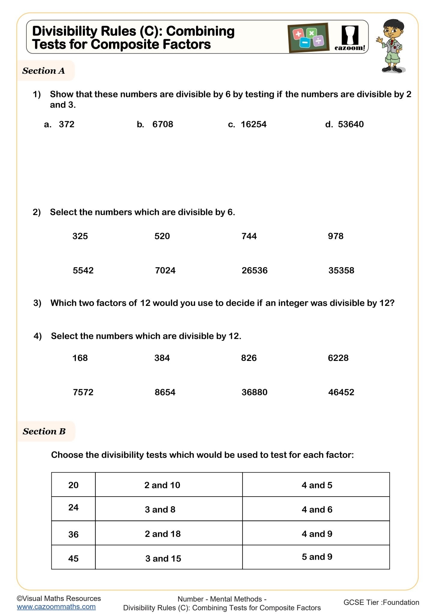 Divisibility Rules C Combining Tests For Composite Factors Worksheet Fun And Engaging Year 7 And Year 8 Number Worksheets