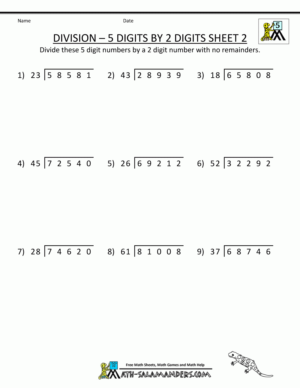 Division 5 Digits By 2 Digits Sheet 2