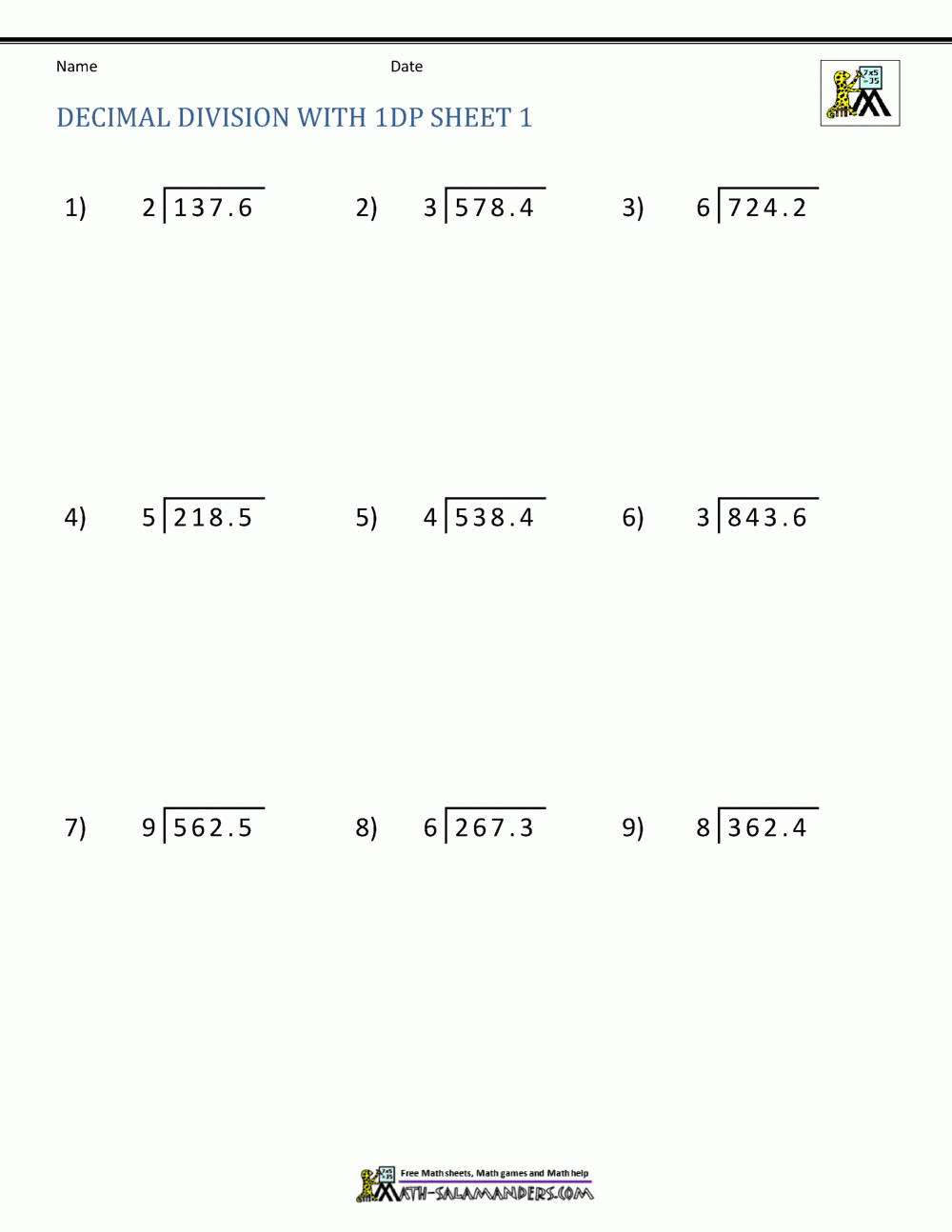 Division Of Decimal Numbers Worksheets