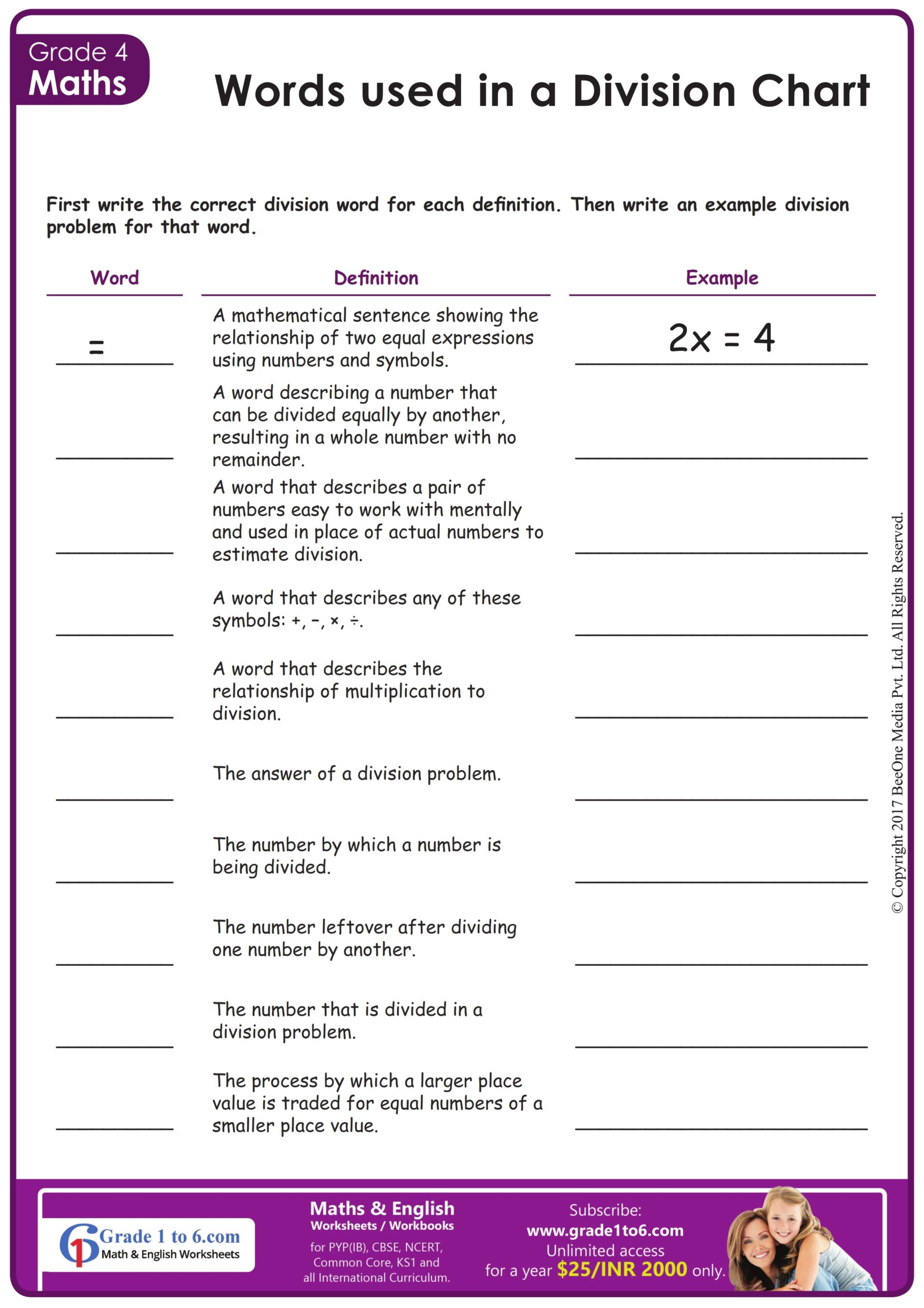 Division Vocabulary Chart Worksheet Free Pdf