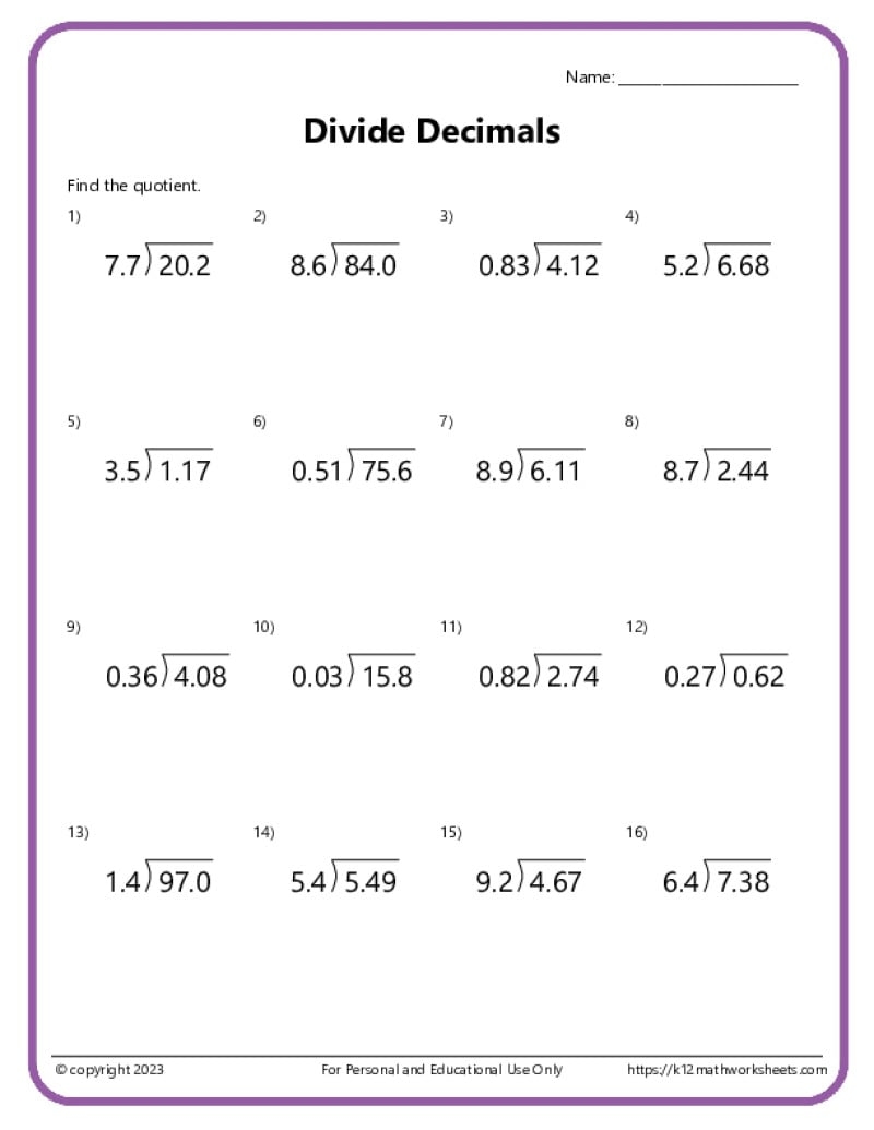Division With Decimals Worksheets K12 Math Worksheets