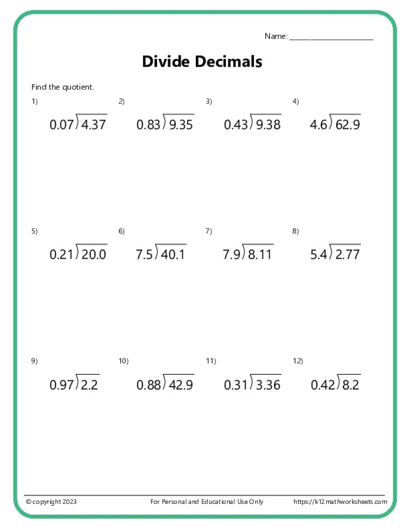 Division With Decimals Worksheets K12 Math Worksheets