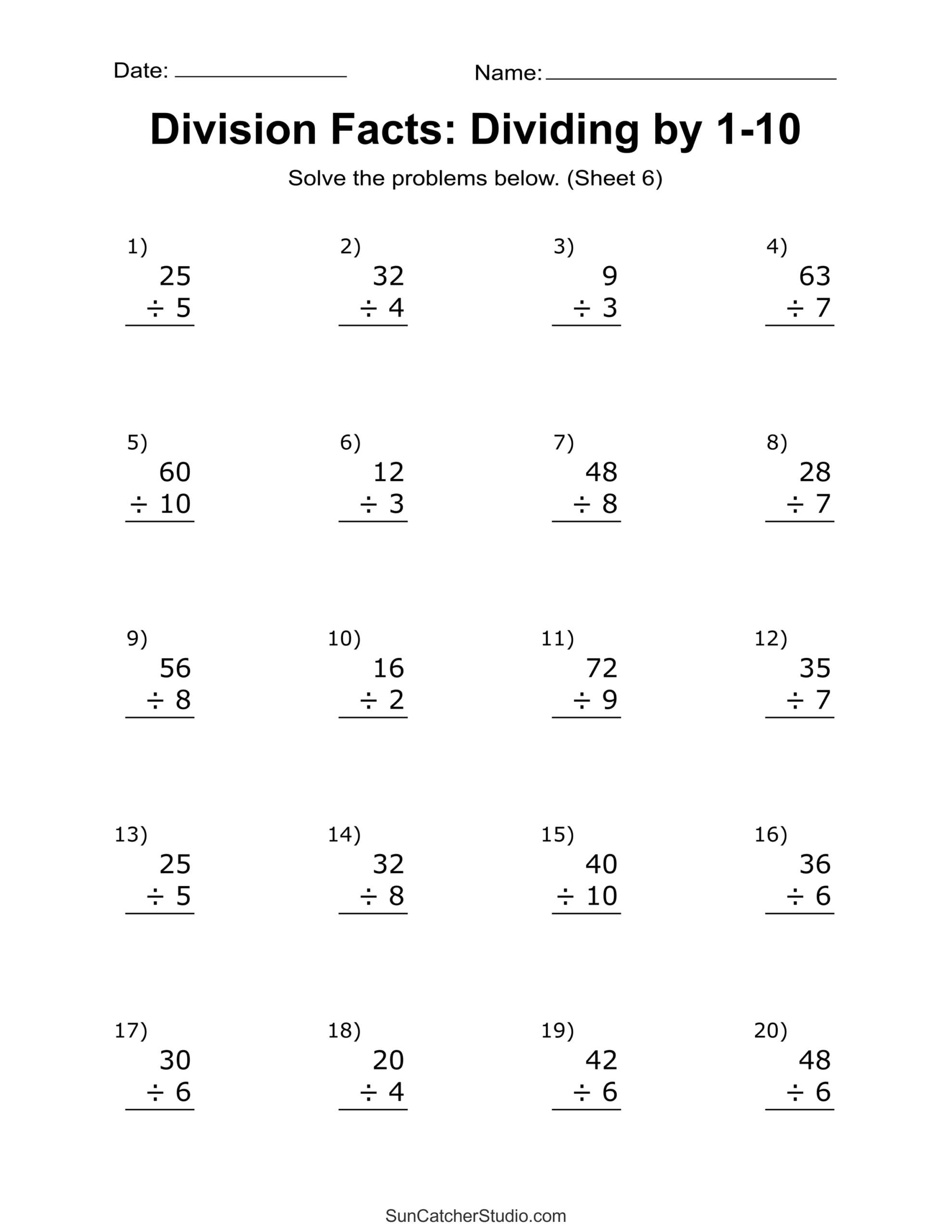 division math facts worksheets