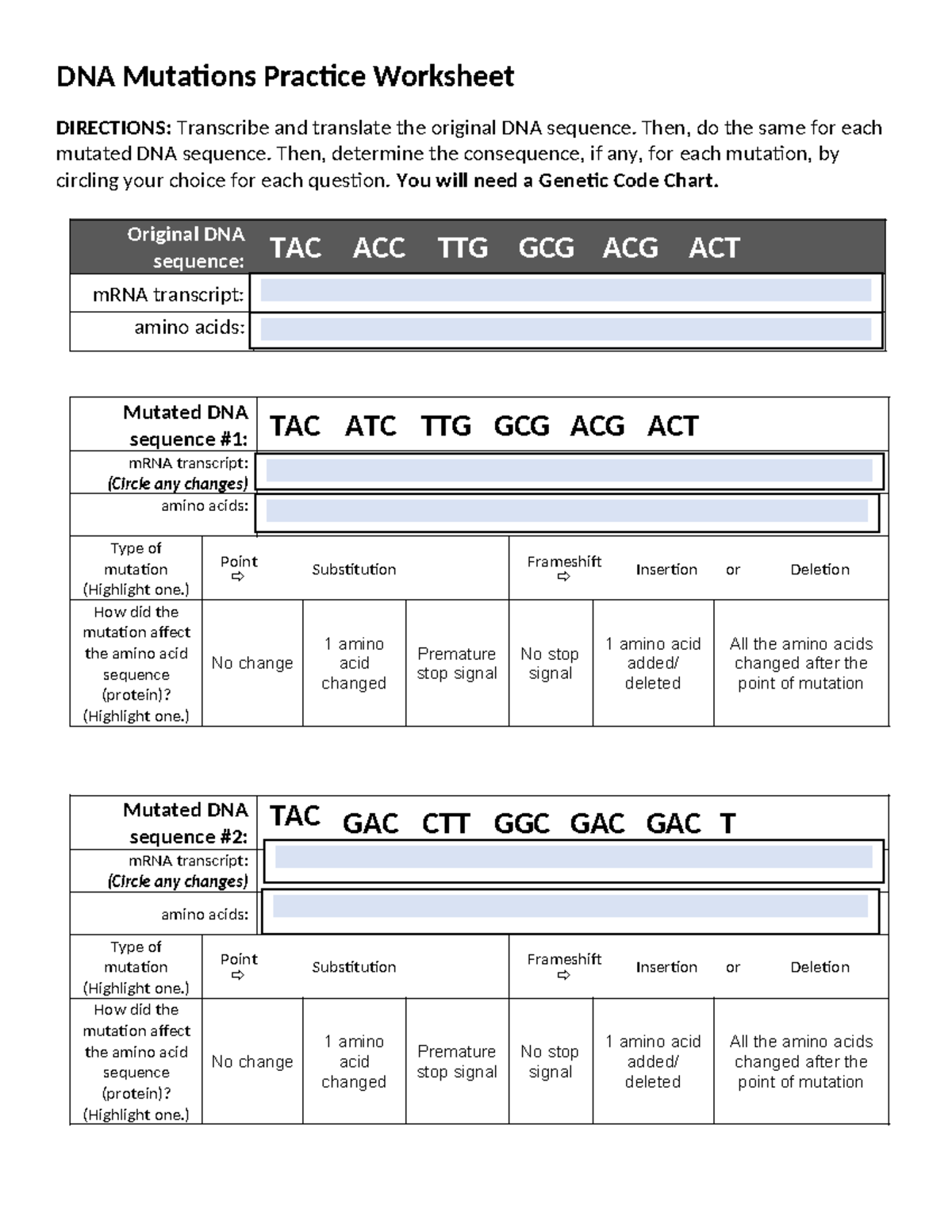 DNA Mutations Practice Worksheet Analysis And Consequence Insights Studocu