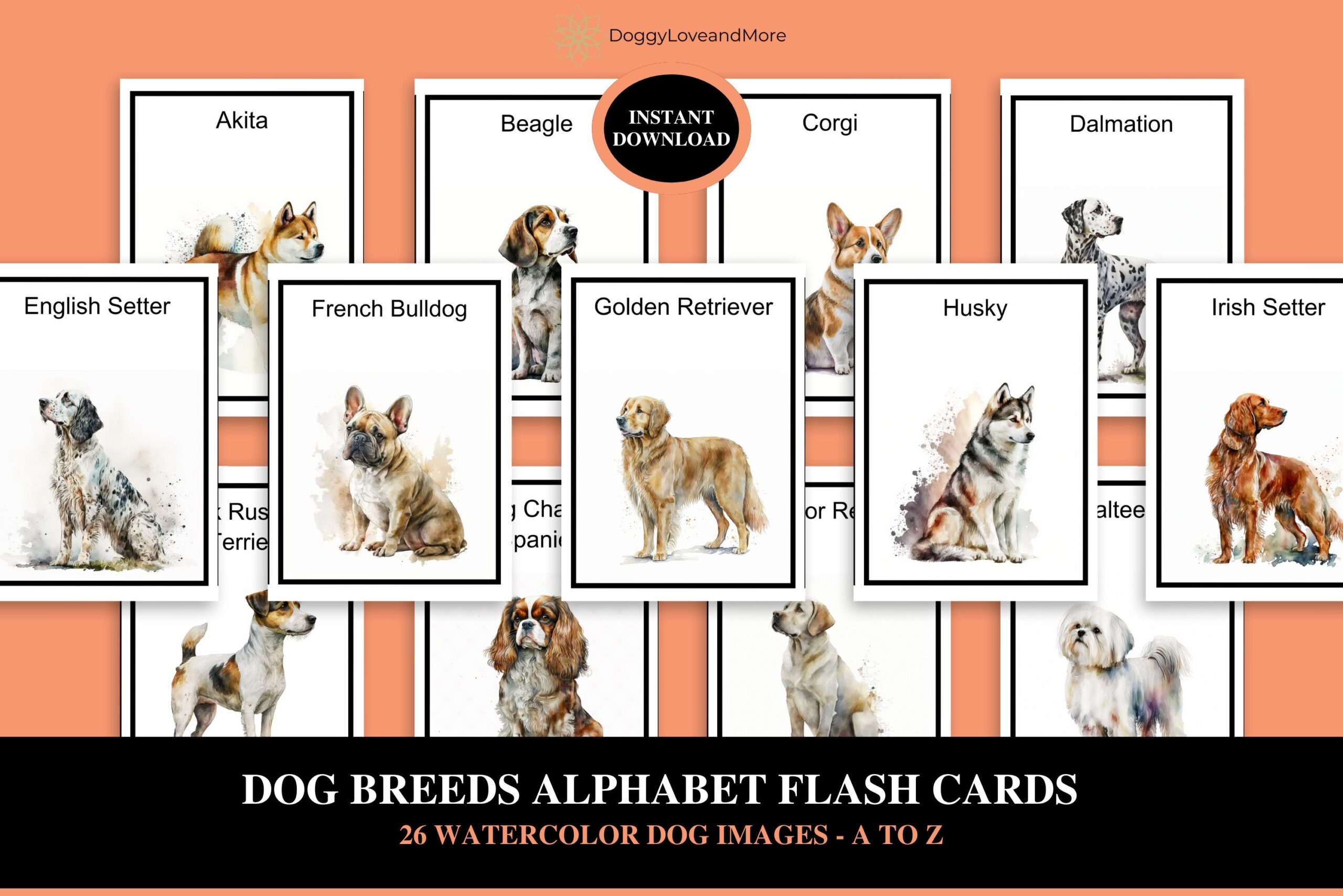 Dog Breeds Flashcards Watercolor Alphabet Montessori Learning digital Download Etsy Finland