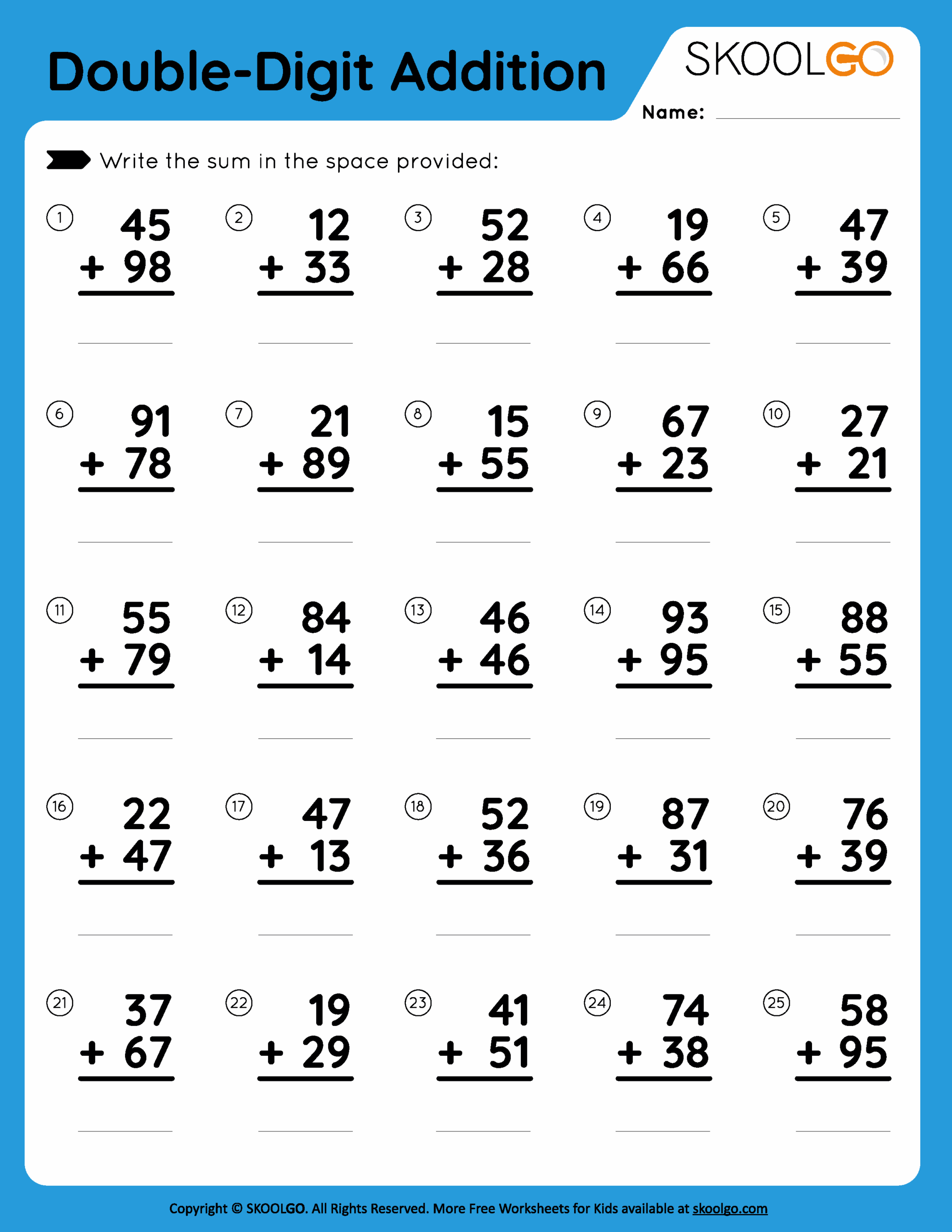 Double Digit Addition Free Worksheet For Kids SKOOLGO