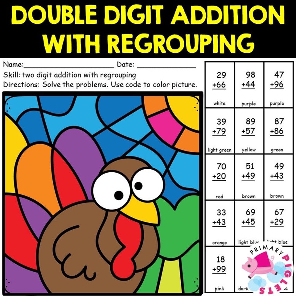 Double Digit Addition Thanksgiving Color By Number Made By Teachers Double Digit Addition Thanksgiving Color By Number Made By Teachers