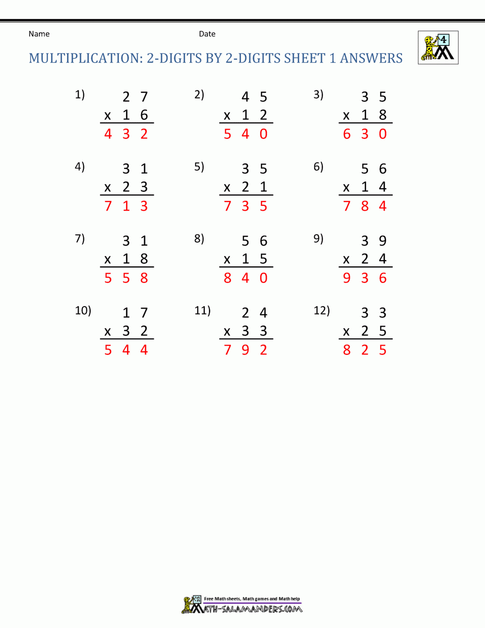 4th grade math multiplication worksheets