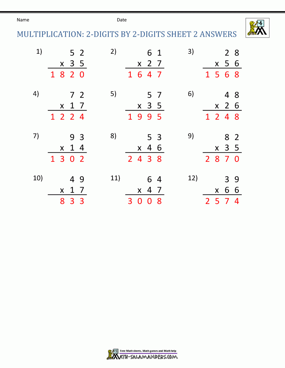 Double Digit Multiplication Worksheets 4th Grade