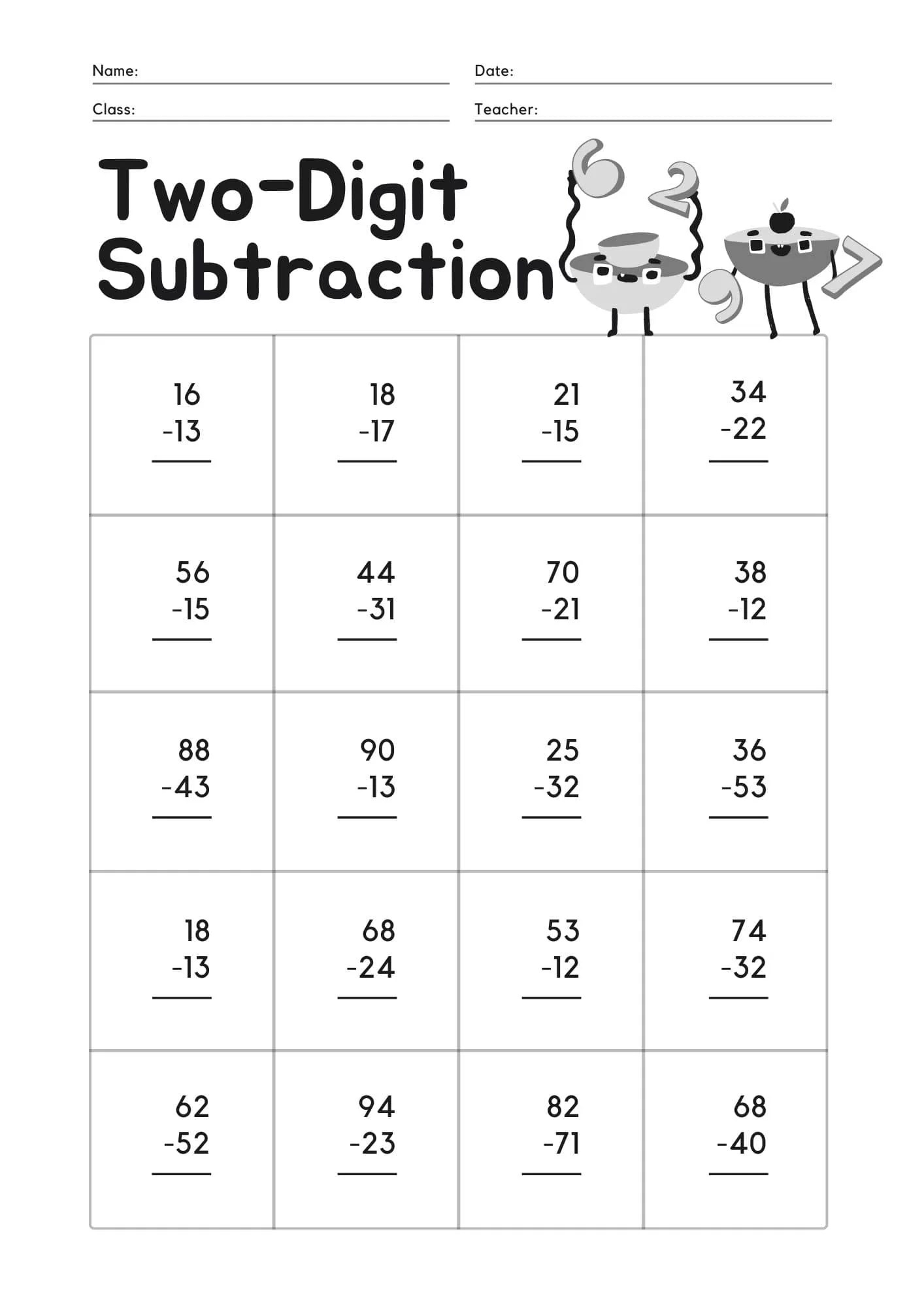 Double digit Subtraction With Regrouping Activity School For Kids