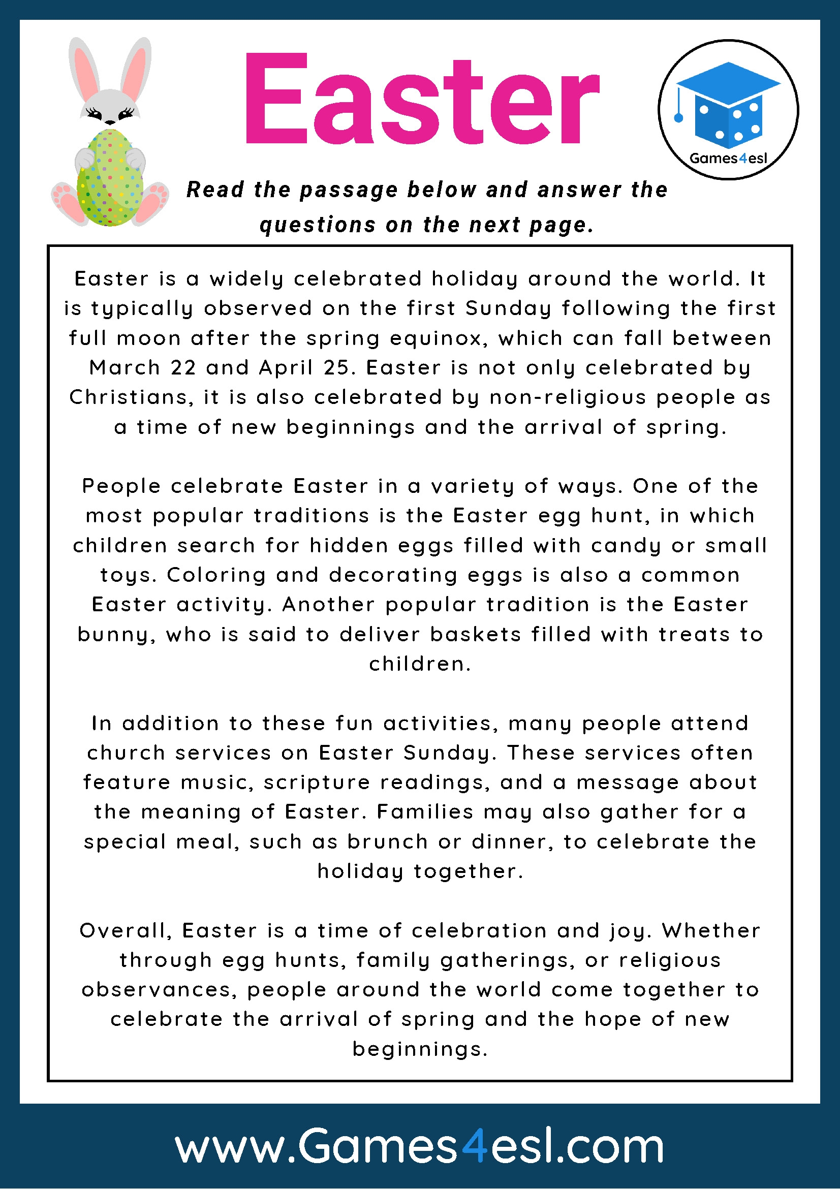Easter Reading Comprehension Worksheet Games4esl Worksheets Library Easter Reading Comprehension Worksheet Games4esl Worksheets Library