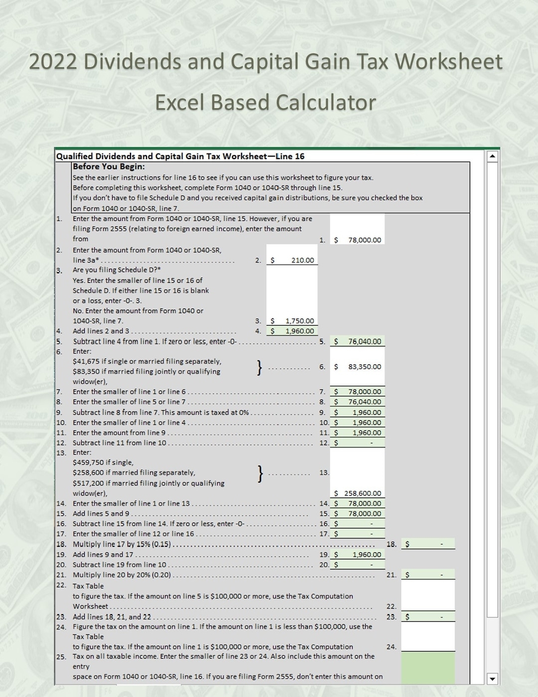 Easy Calculator For 2022 Qualified Dividends And Capital Gain Tax Arbeitsblatt Excel 2016 Enth lt Auch Steuerberechnungsblatt Etsy de
