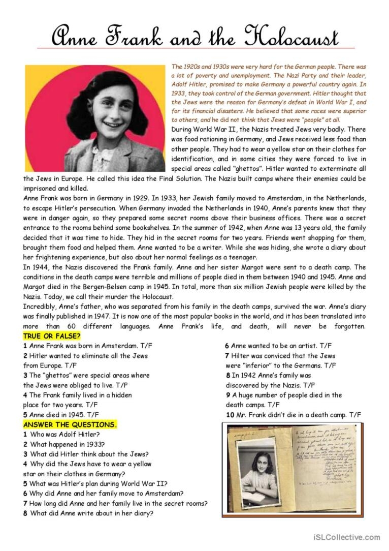 Easy Reading Anne Frank And The Ho English ESL Worksheets Pdf Doc