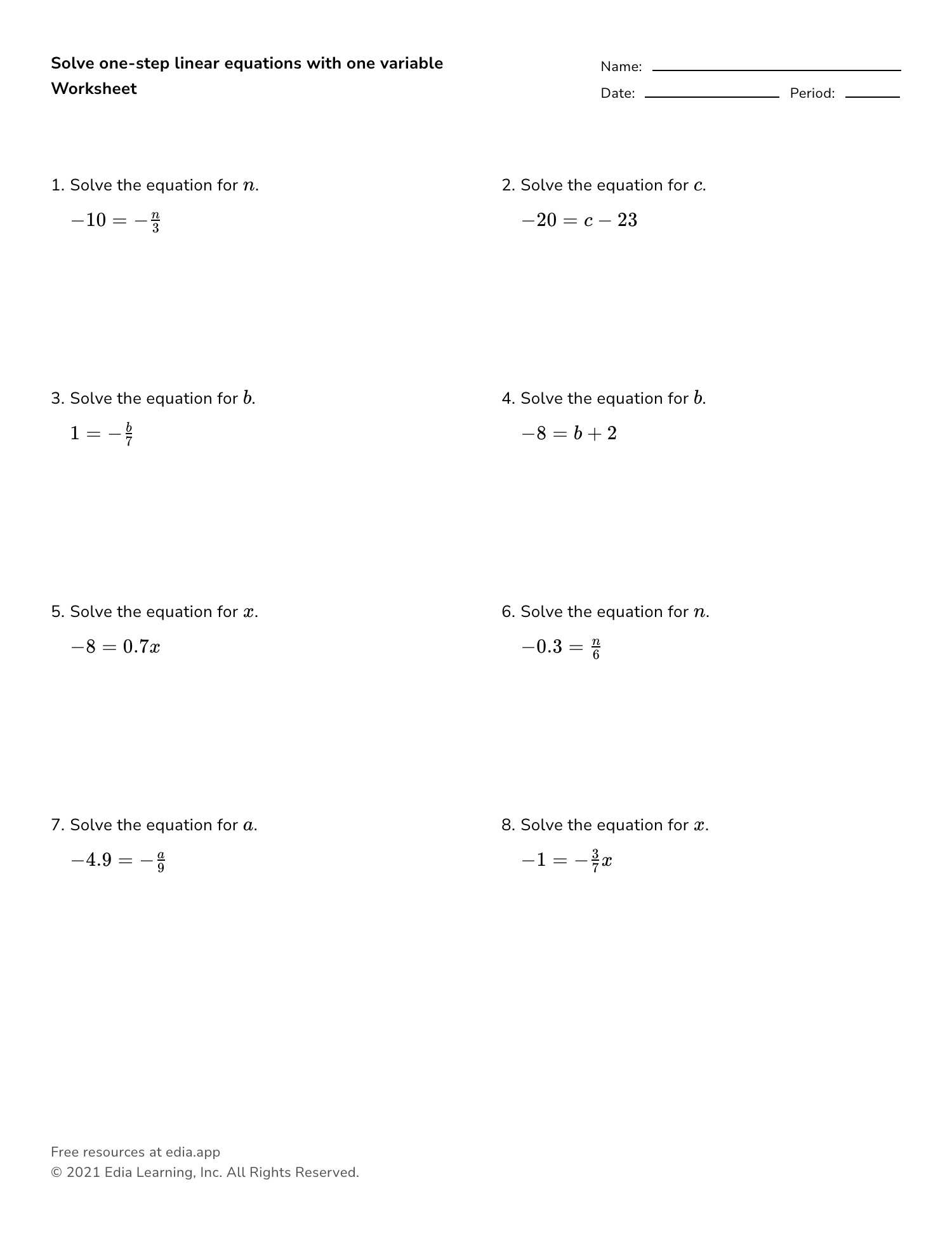 one step equations worksheet