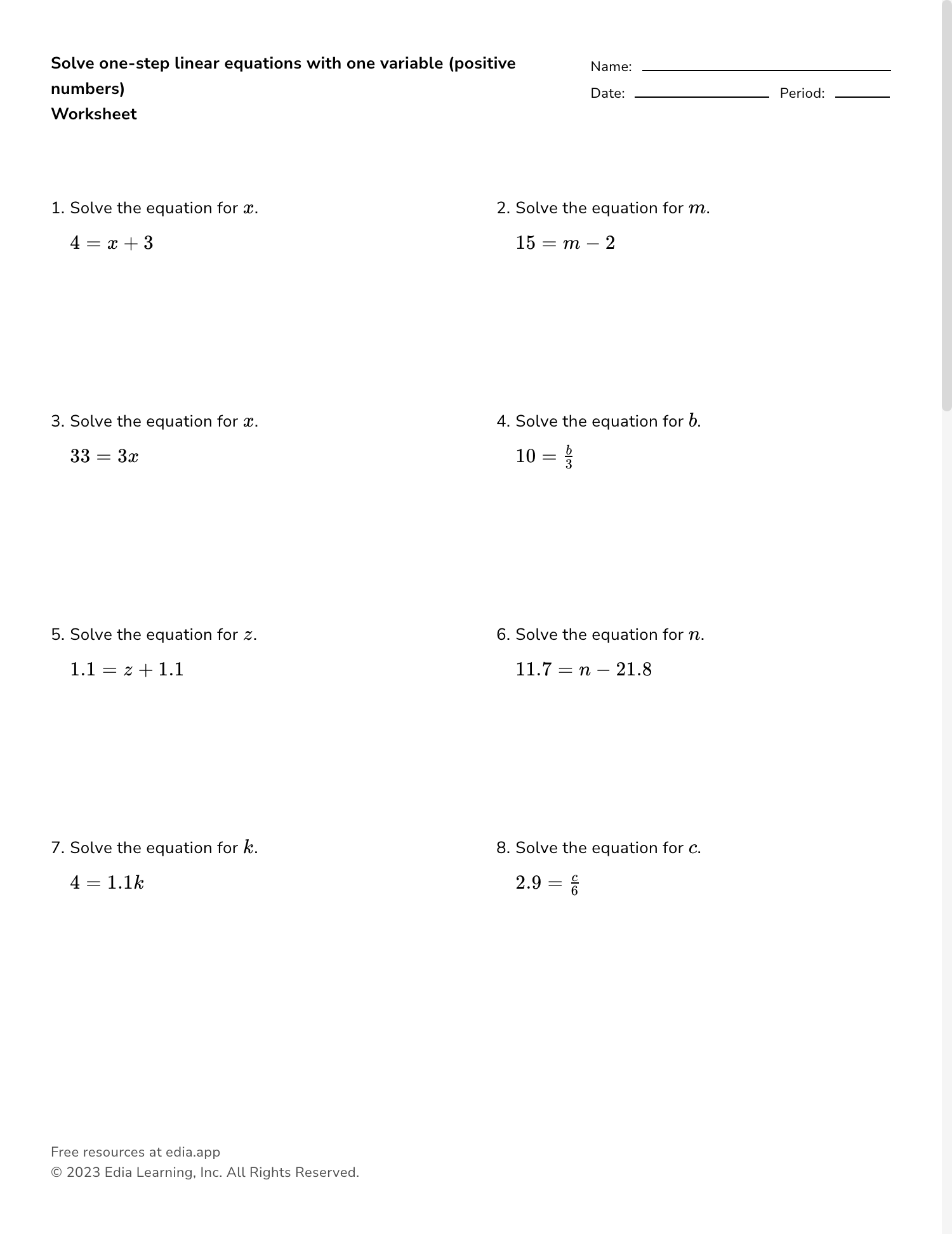 solving one step equations worksheet