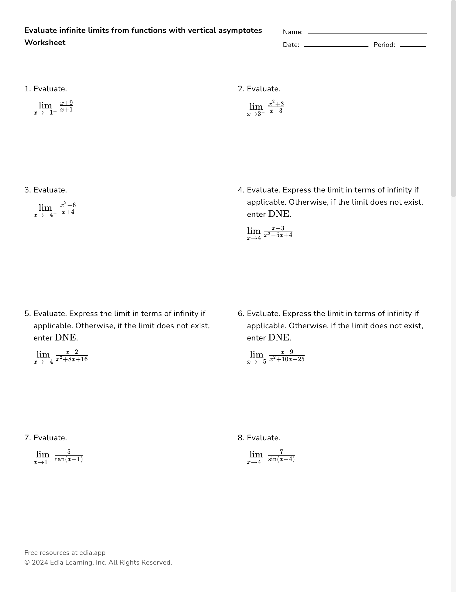 kuta software - infinite calculus evaluating limits worksheet answers