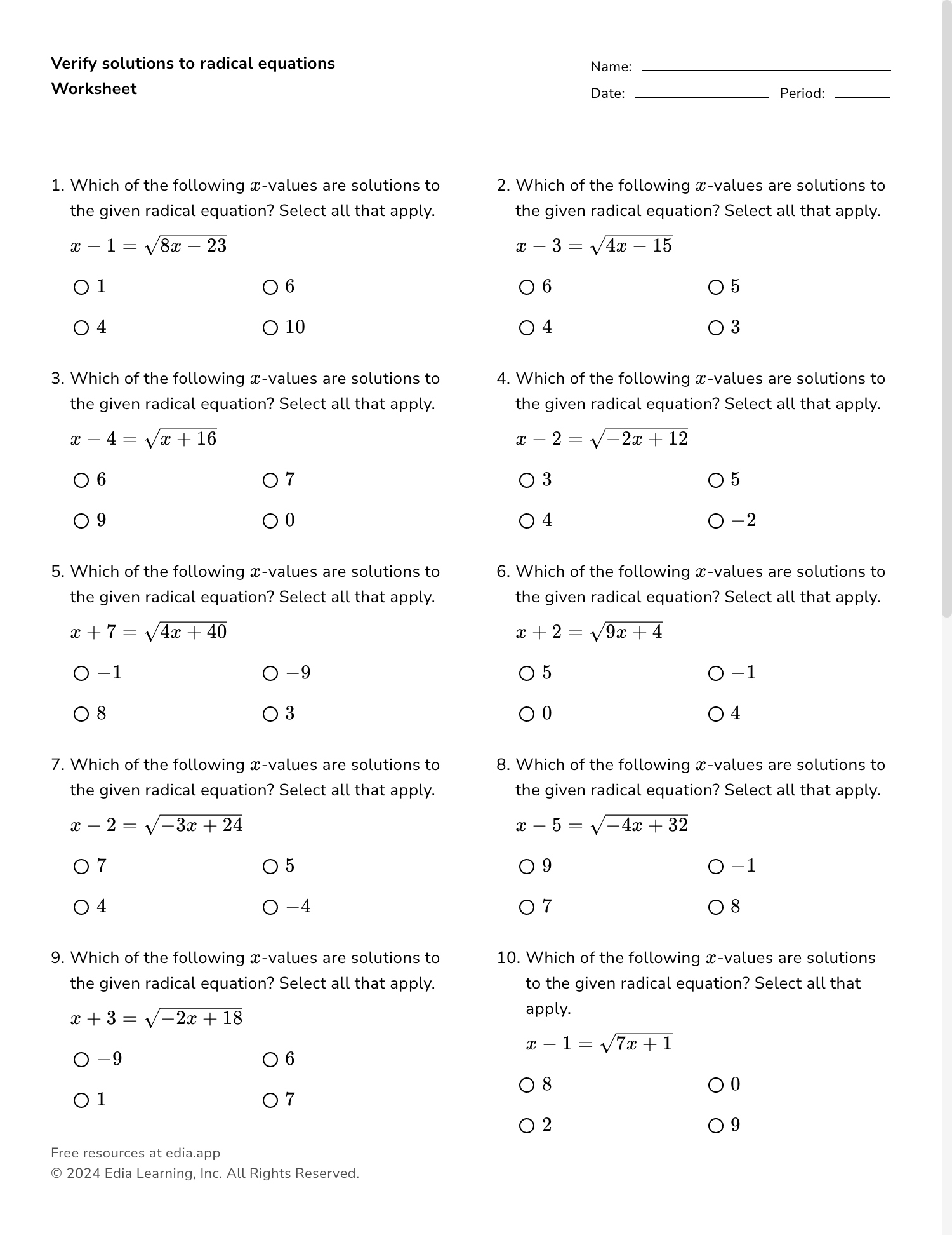 solving radical equations worksheet