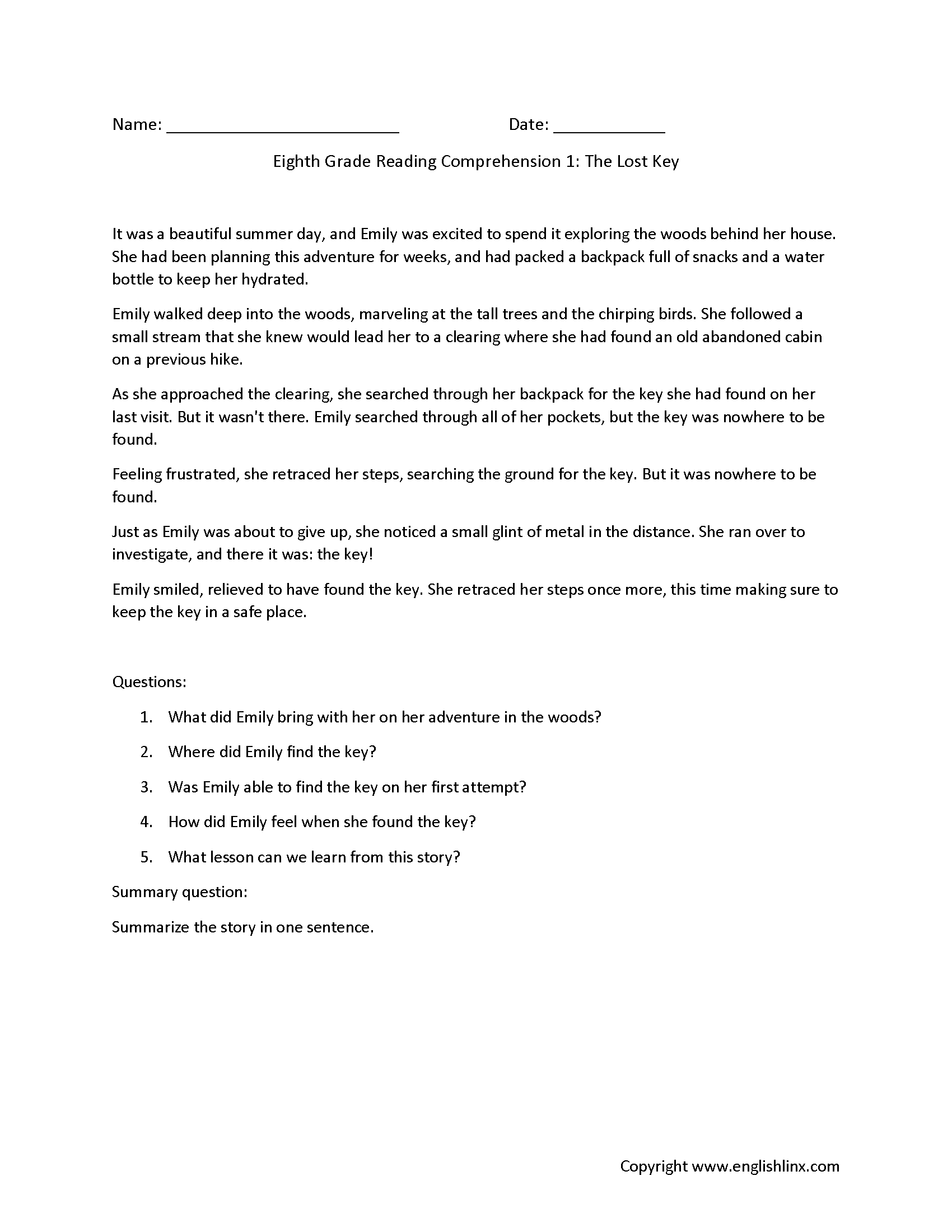 Eighth Grade Reading Comprehension Worksheets Passages Question Sets
