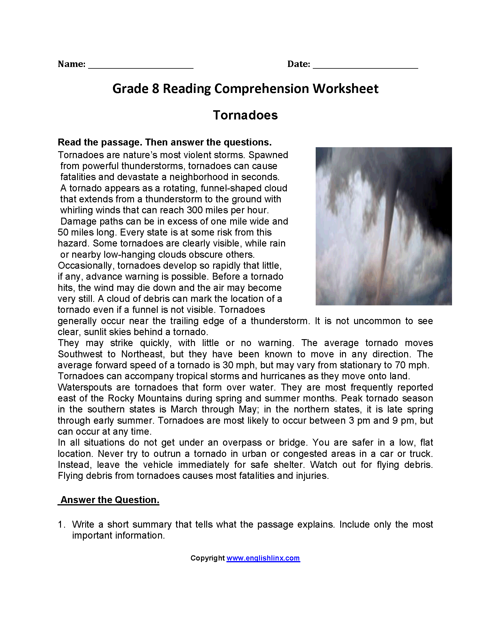 reading worksheets for 8th graders